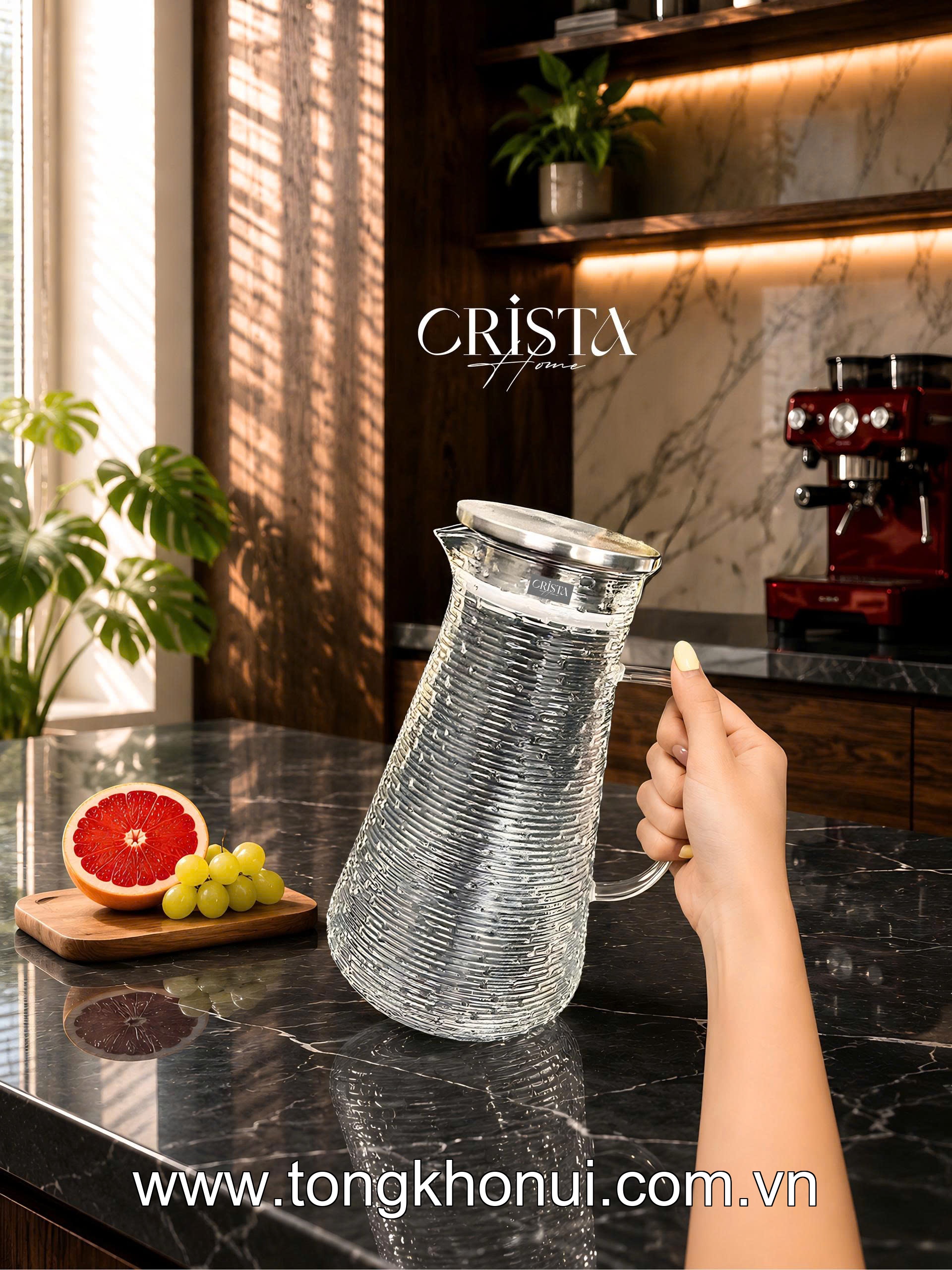 BÌNH THỦY TINH VÂN NGANG 2L CRISTA HOME – BÌNH PHA TRÀ, DETOX CHỊU NHIỆT NẮP INOX 304 (MÃ 60279) ảnh 1