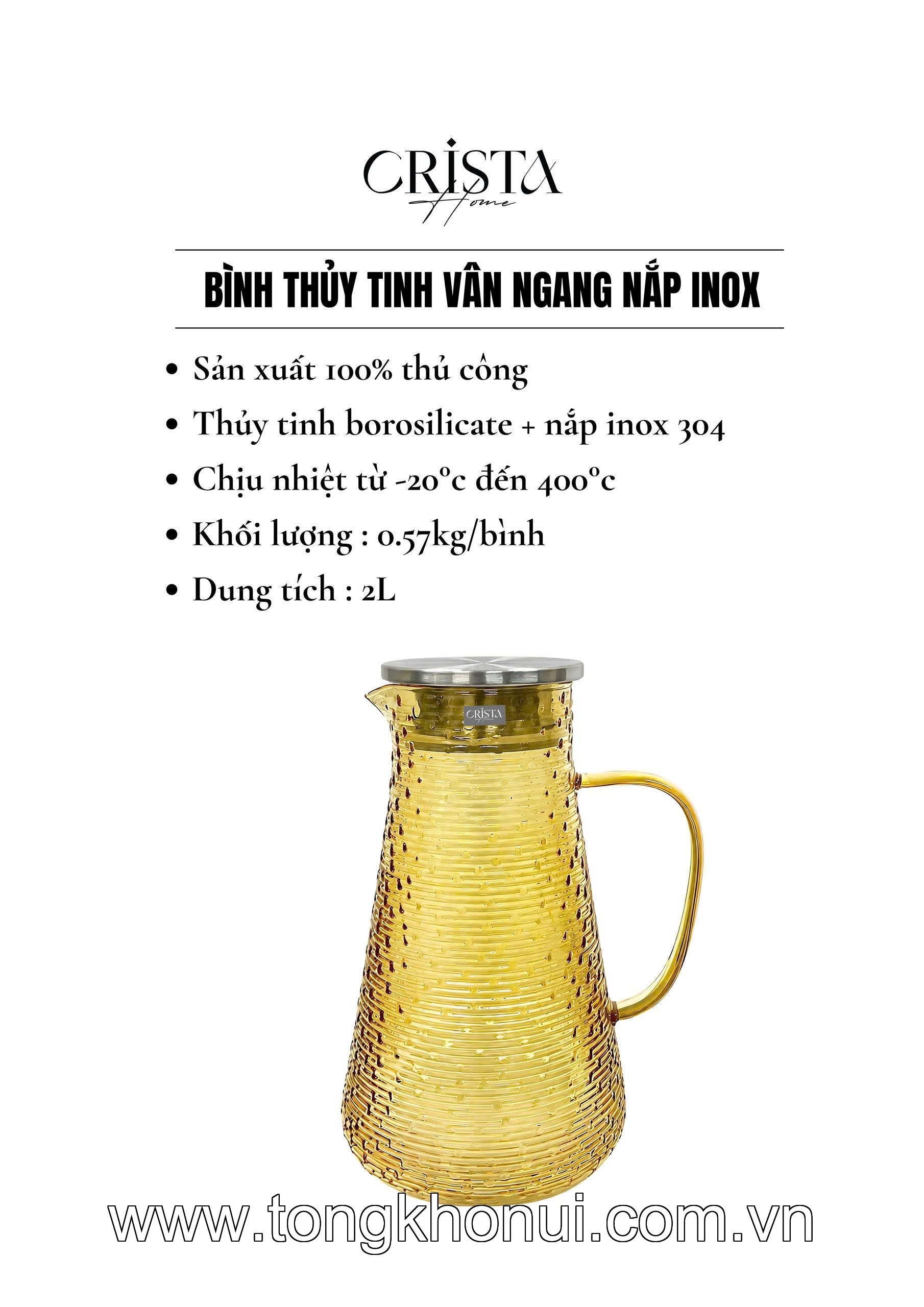 BÌNH THỦY TINH VÂN NGANG 2L CRISTA HOME – BÌNH PHA TRÀ, DETOX CHỊU NHIỆT NẮP INOX 304 (MÃ 60279) ảnh 2