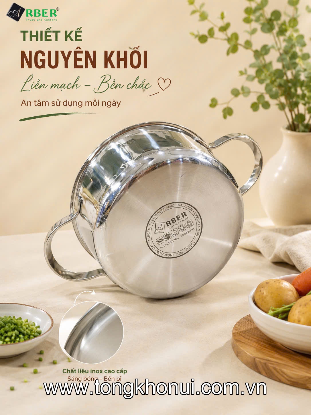 Nồi inox 304 liền đáy size 24cm Arber AN-24C2, AN-18C2, AN-20C2 ảnh 2