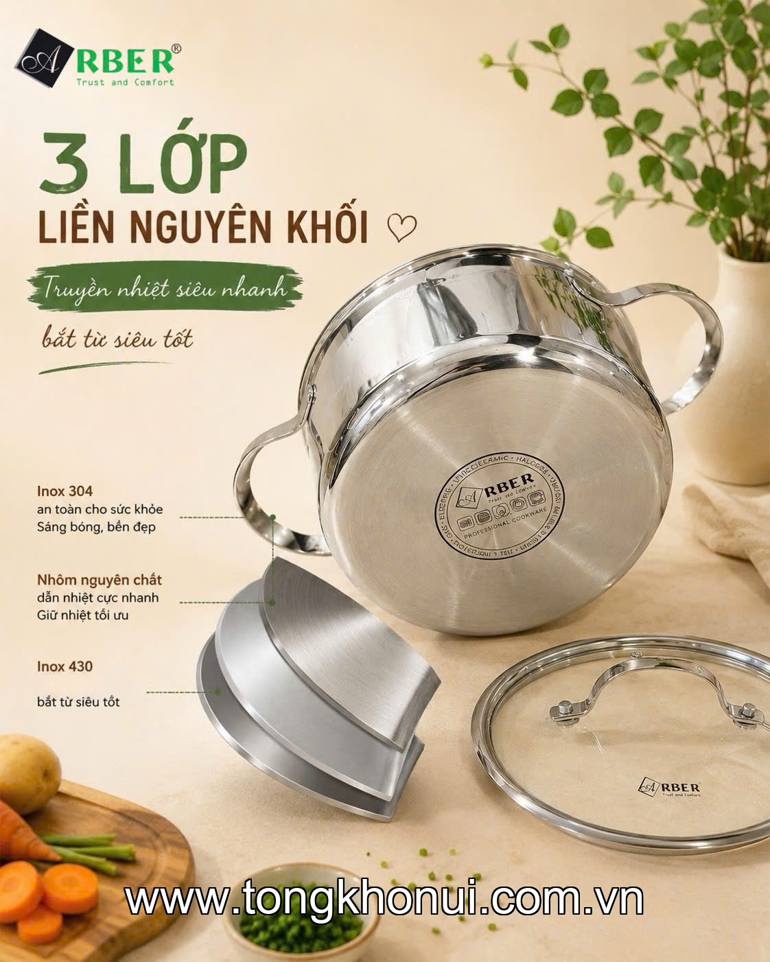 Nồi inox 304 liền đáy size 24cm Arber AN-24C2, AN-18C2, AN-20C2 ảnh 3