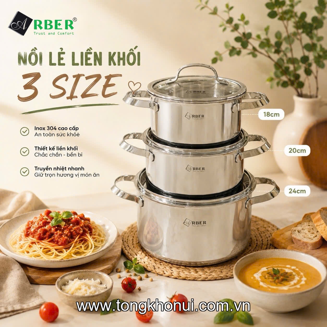 Nồi inox 304 liền đáy size 24cm Arber AN-24C2, AN-18C2, AN-20C2 ảnh 4