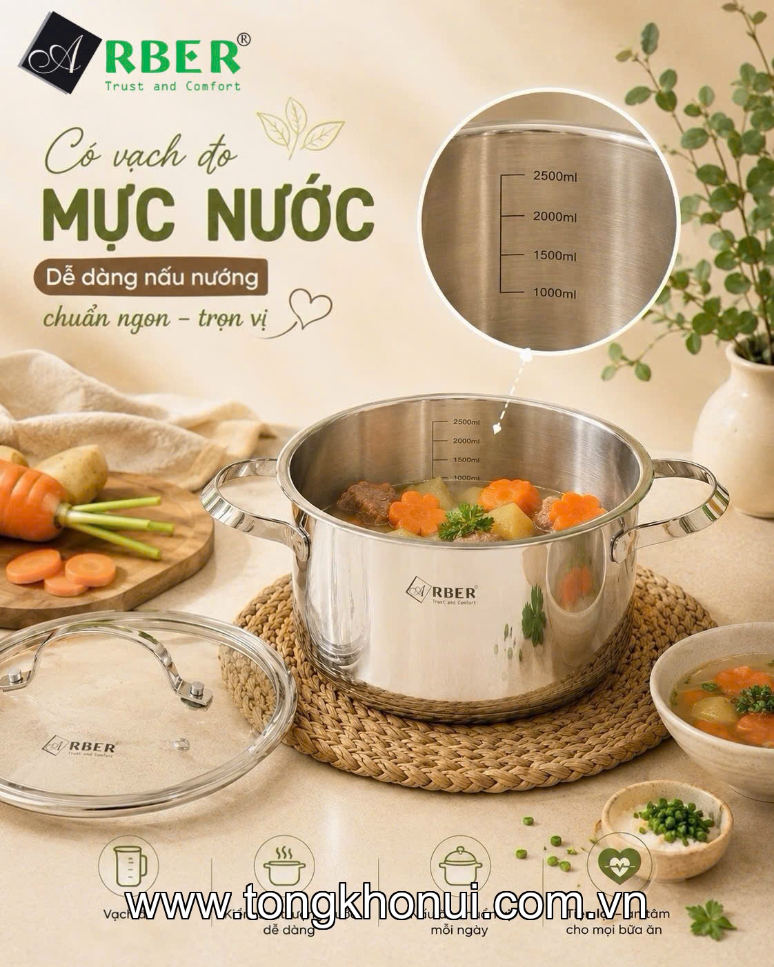 Nồi inox 304 liền đáy size 24cm Arber AN-24C2, AN-18C2, AN-20C2 ảnh 5