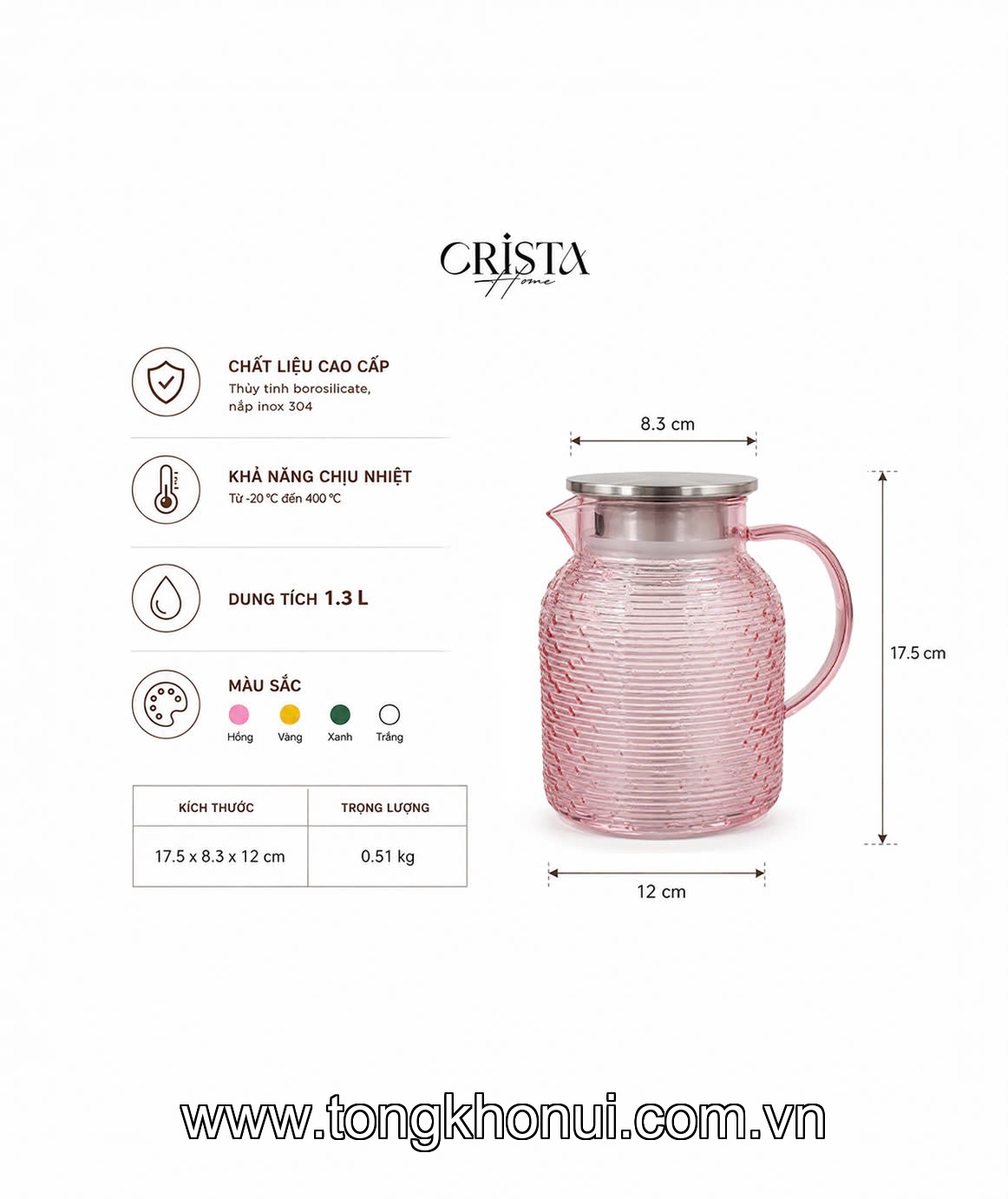 BÌNH THỦY TINH HỌA TIẾT VÂN NGANG 1.3L CRISTA HOME – MÃ 60300 | BOROSILICATE -20°C ĐẾN 400°C ảnh 2