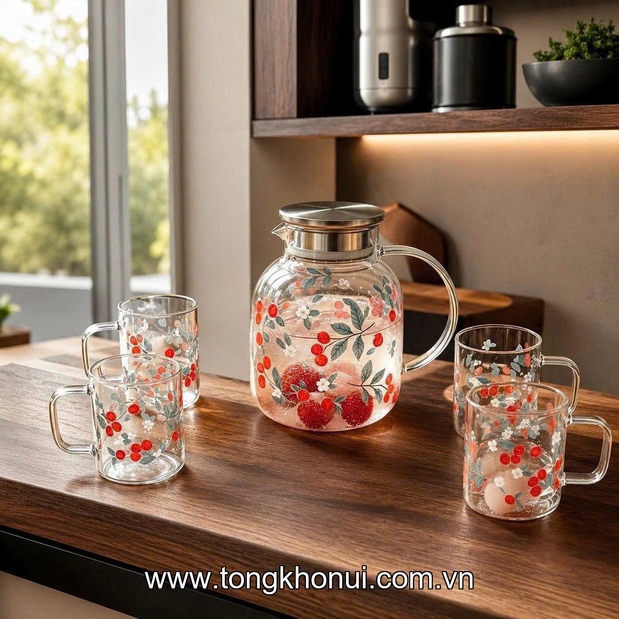 Bộ 1 bình 4 cốc thuỷ tinh, nắp inox Donahome, model: DN-B4CT ảnh 1