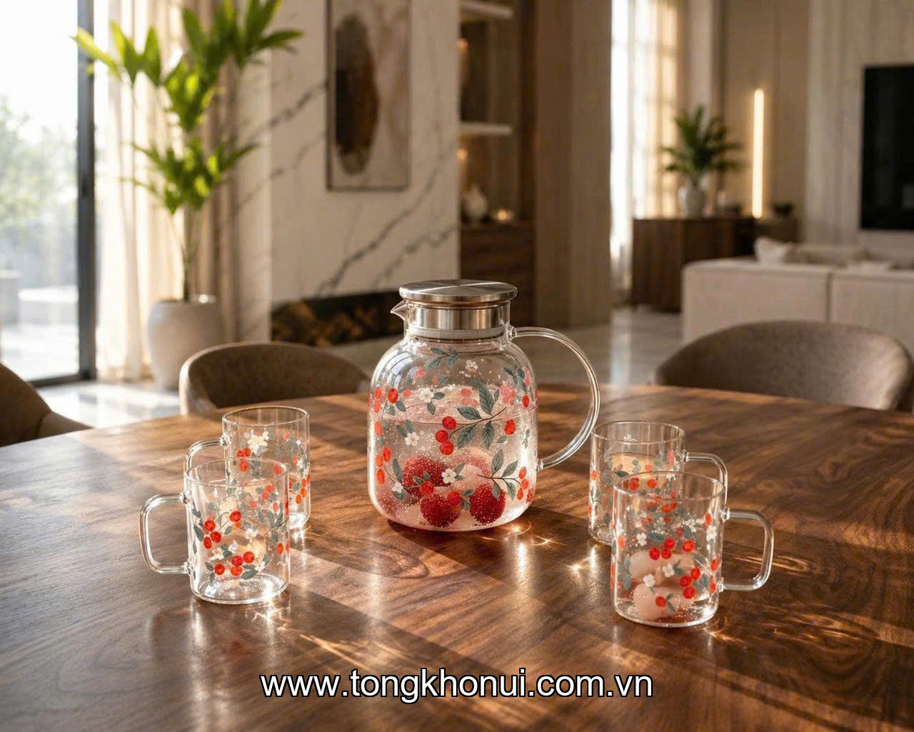 Bộ 1 bình 4 cốc thuỷ tinh, nắp inox Donahome, model: DN-B4CT ảnh 2