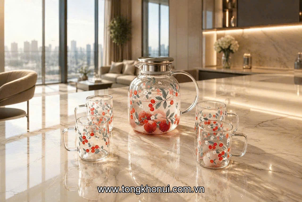 Bộ 1 bình 4 cốc thuỷ tinh, nắp inox Donahome, model: DN-B4CT ảnh 3