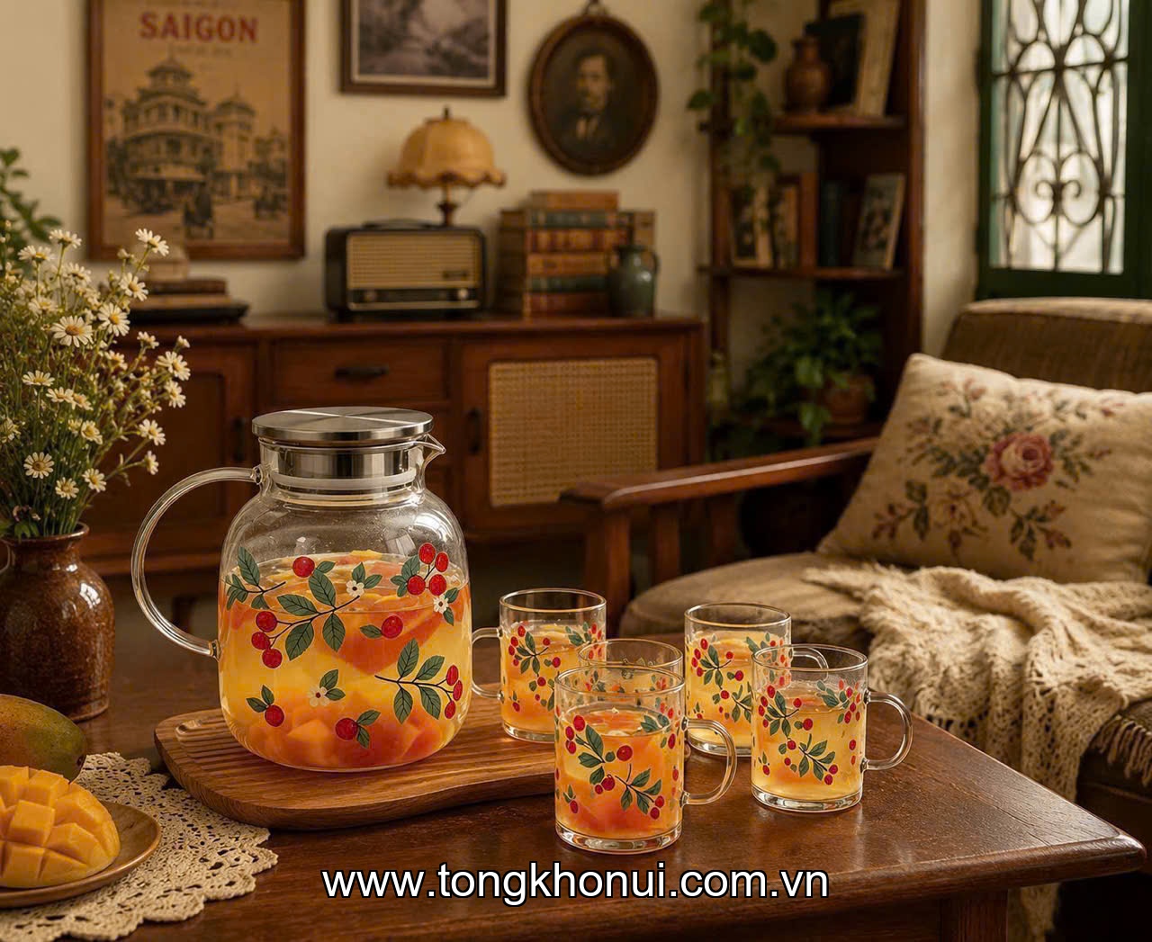 Bộ 1 bình 4 cốc thuỷ tinh, nắp inox Donahome, model: DN-B4CT ảnh 4