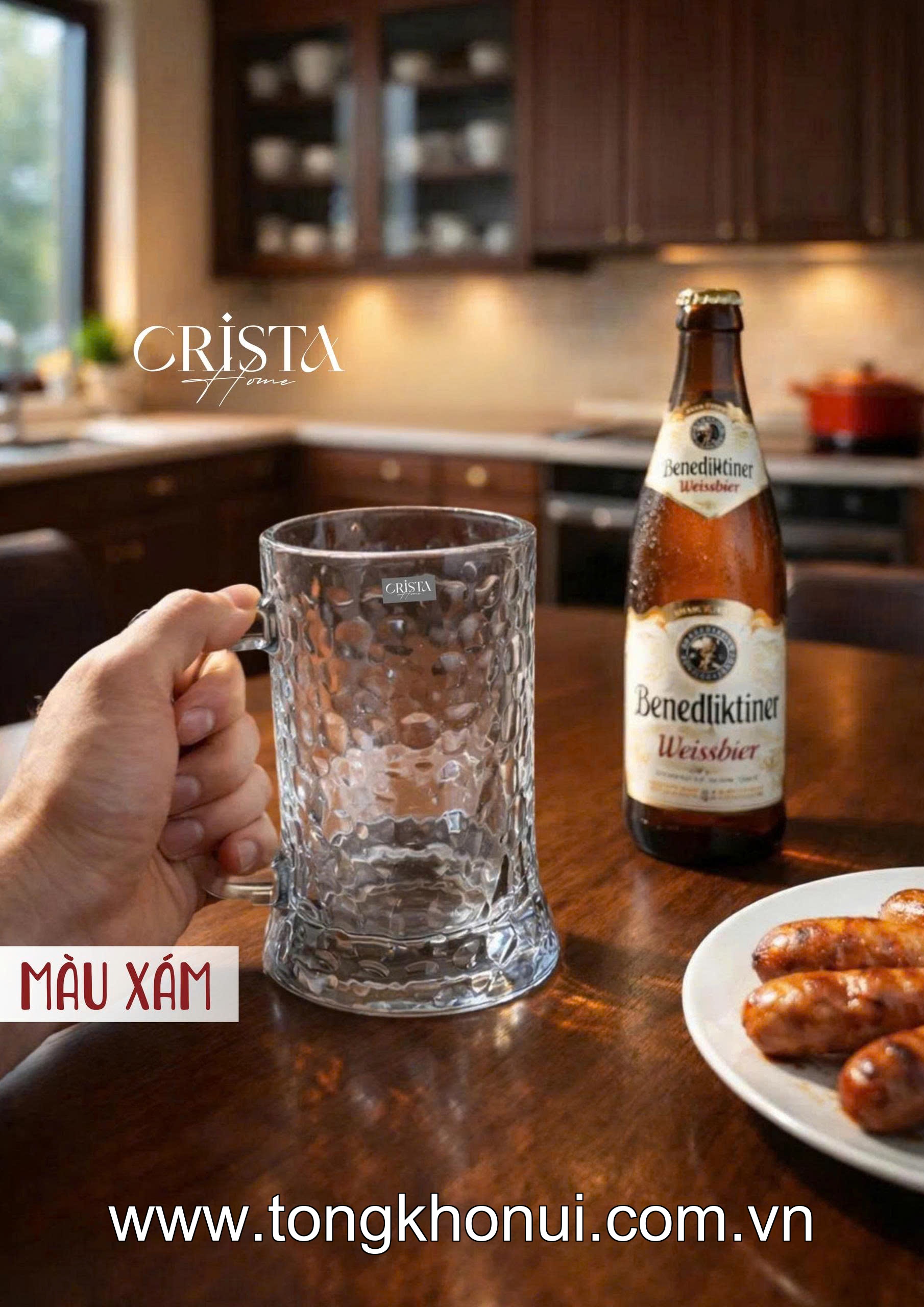 BỘ 6 CỐC BIA THỦY TINH VÂN SÓNG NƯỚC CÓ QUAI 420ML CRISTA HOME – CỐC UỐNG BIA GIỮ LẠNH (MÃ 60247) ảnh 4