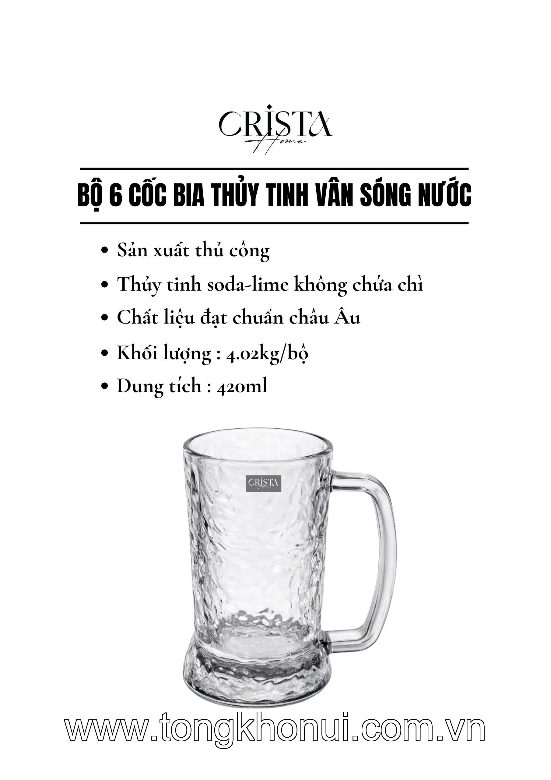 BỘ 6 CỐC BIA THỦY TINH VÂN SÓNG NƯỚC CÓ QUAI 420ML CRISTA HOME – CỐC UỐNG BIA GIỮ LẠNH (MÃ 60247) ảnh 12