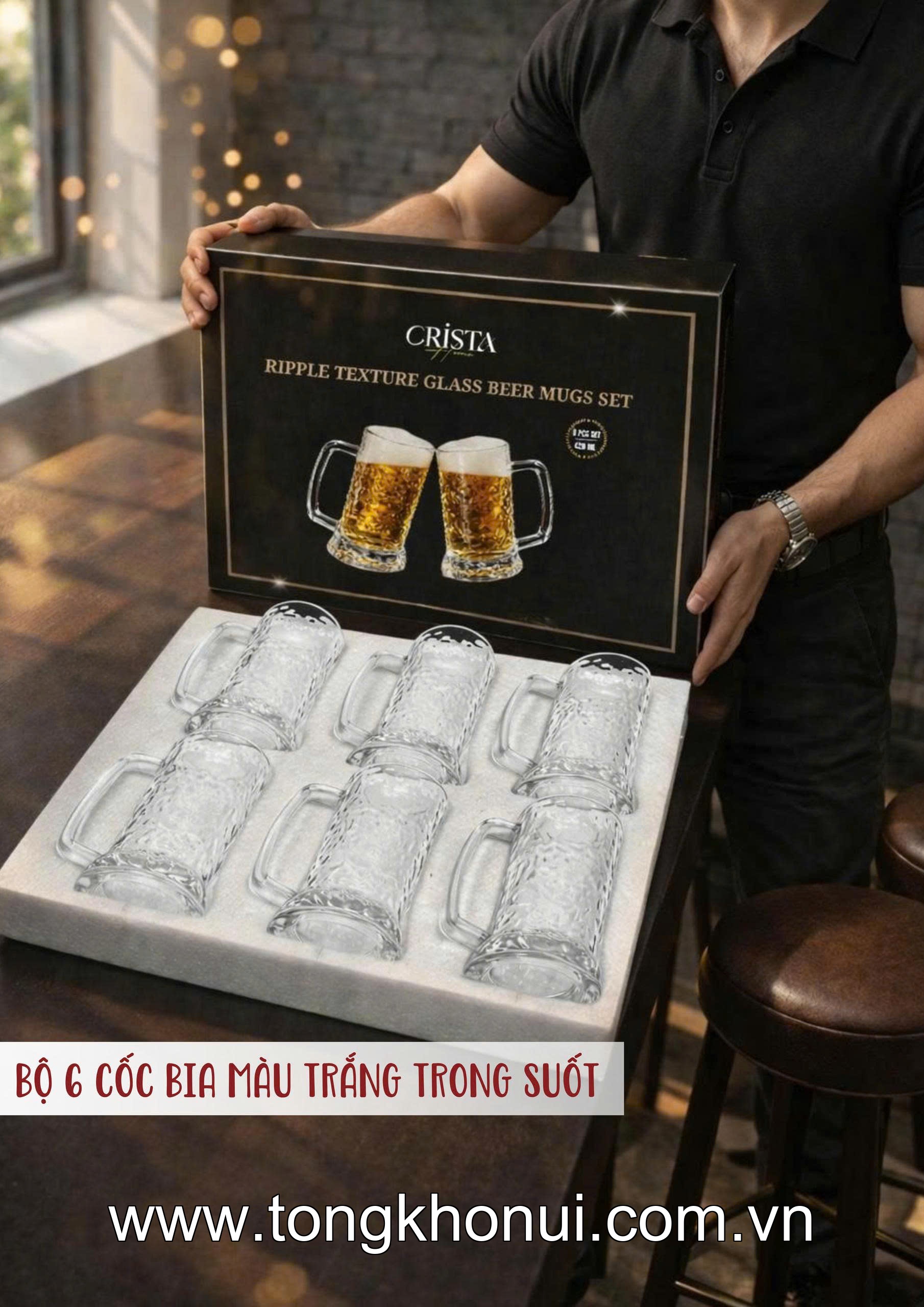 BỘ 6 CỐC BIA THỦY TINH VÂN SÓNG NƯỚC CÓ QUAI 420ML CRISTA HOME – CỐC UỐNG BIA GIỮ LẠNH (MÃ 60247) ảnh 14