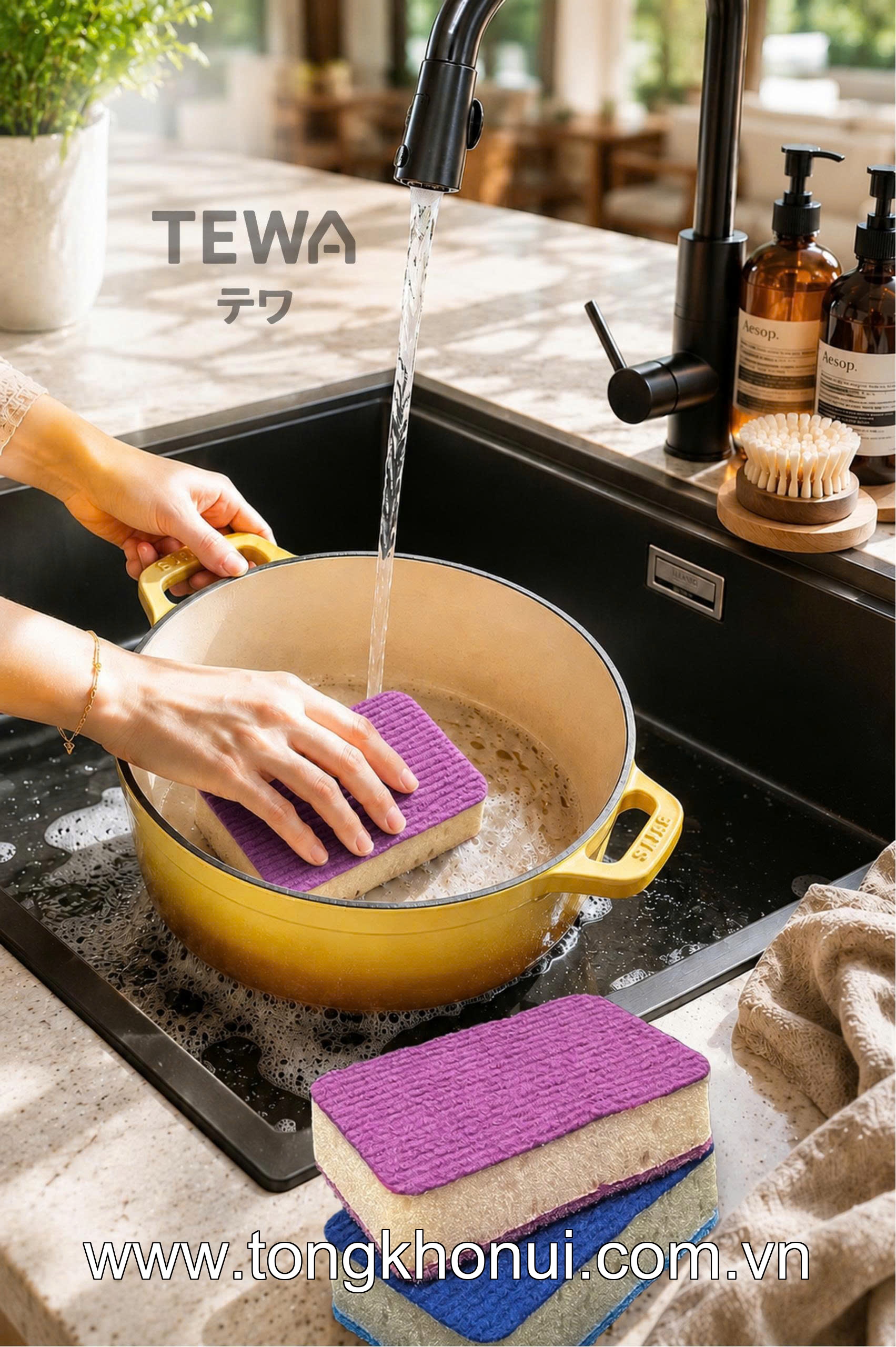 BỘ 3 MIẾNG BỌT BIỂN RỬA BÁT ĐA NĂNG TEWA – MÚT RỬA BÁT 3 LỚP KHÔNG TRẦY XƯỚC (MUA 1 TẶNG 1) (MÃ 80069) ảnh 5