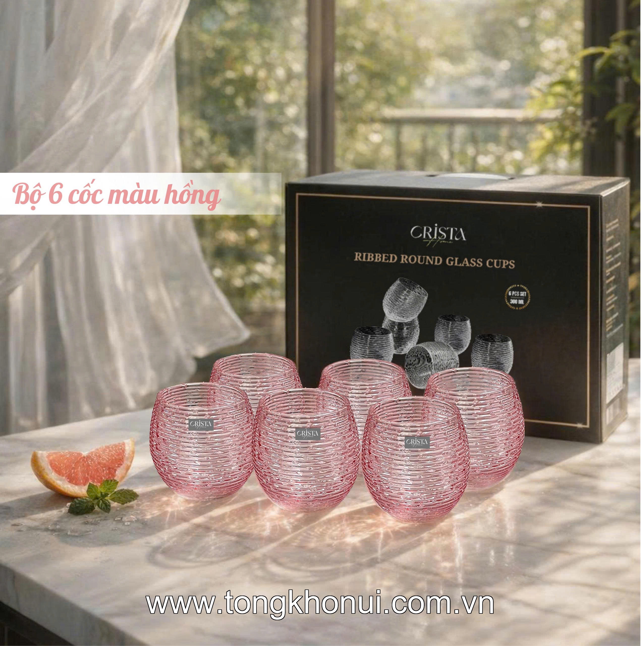 BỘ 6 CỐC THỦY TINH DÁNG BẦU VÂN NGANG 300ML CRISTA HOME – CỐC ĐỔI MÀU THỔI THỦ CÔNG HOT 2026 (MÃ 60254) ảnh 1