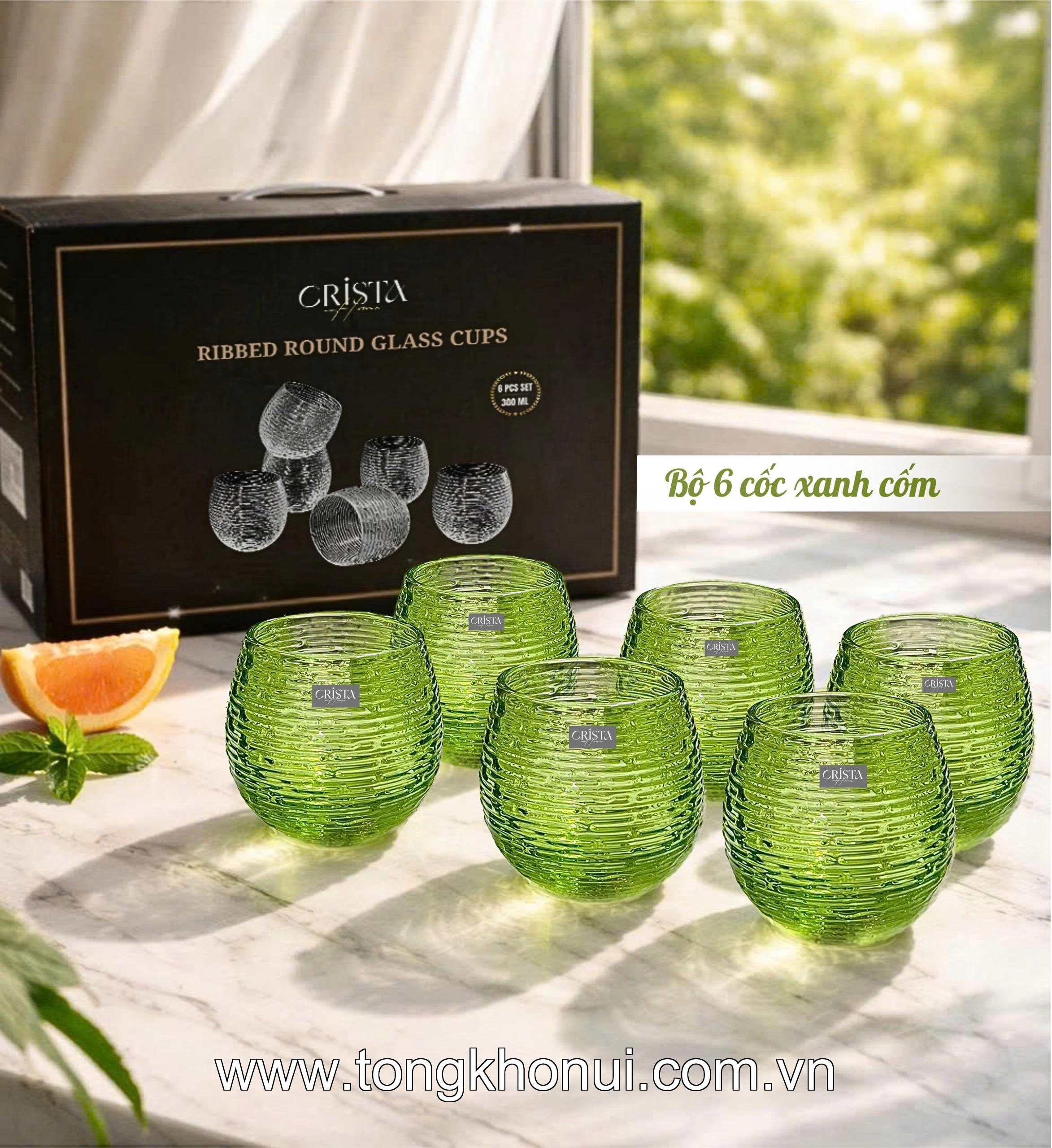 BỘ 6 CỐC THỦY TINH DÁNG BẦU VÂN NGANG 300ML CRISTA HOME – CỐC ĐỔI MÀU THỔI THỦ CÔNG HOT 2026 (MÃ 60254) ảnh 3