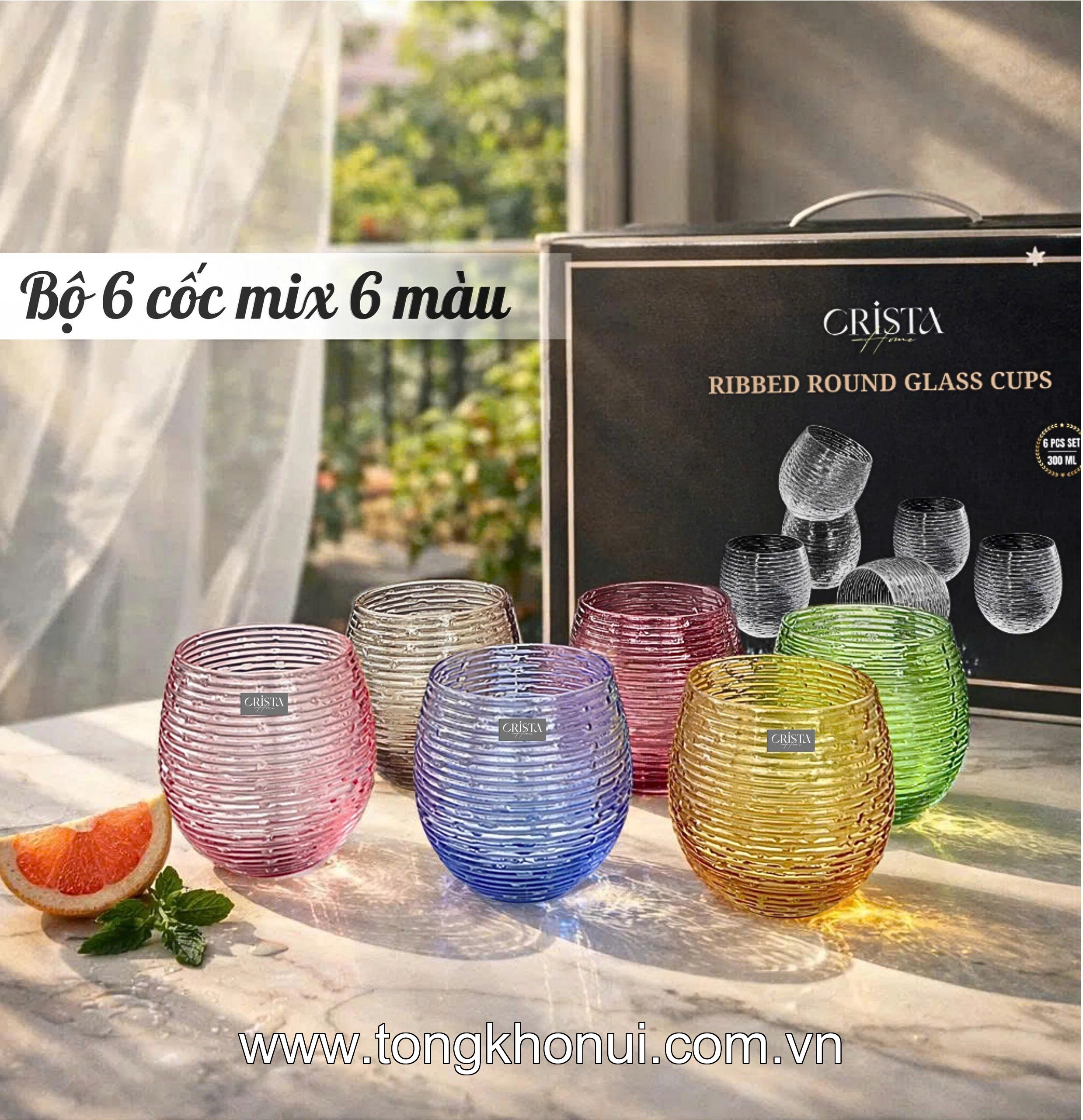 BỘ 6 CỐC THỦY TINH DÁNG BẦU VÂN NGANG 300ML CRISTA HOME – CỐC ĐỔI MÀU THỔI THỦ CÔNG HOT 2026 (MÃ 60254) ảnh 4