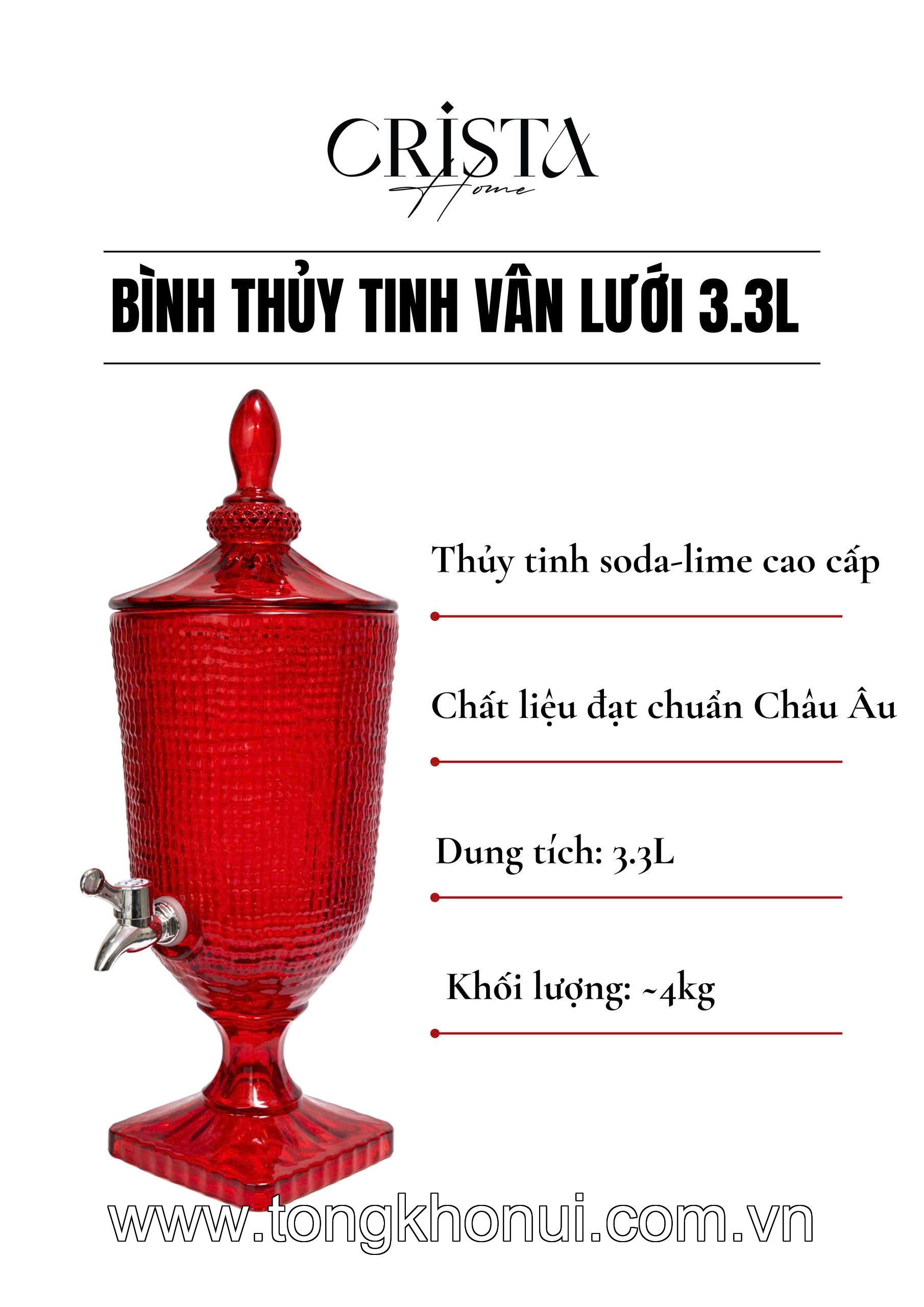 BÌNH NƯỚC THỦY TINH VÂN LƯỚI CÓ VÒI 3.3L CRISTA HOME – BÌNH ĐỰNG NƯỚC MÁT GIA ĐÌNH (MÃ 60204) ảnh 2