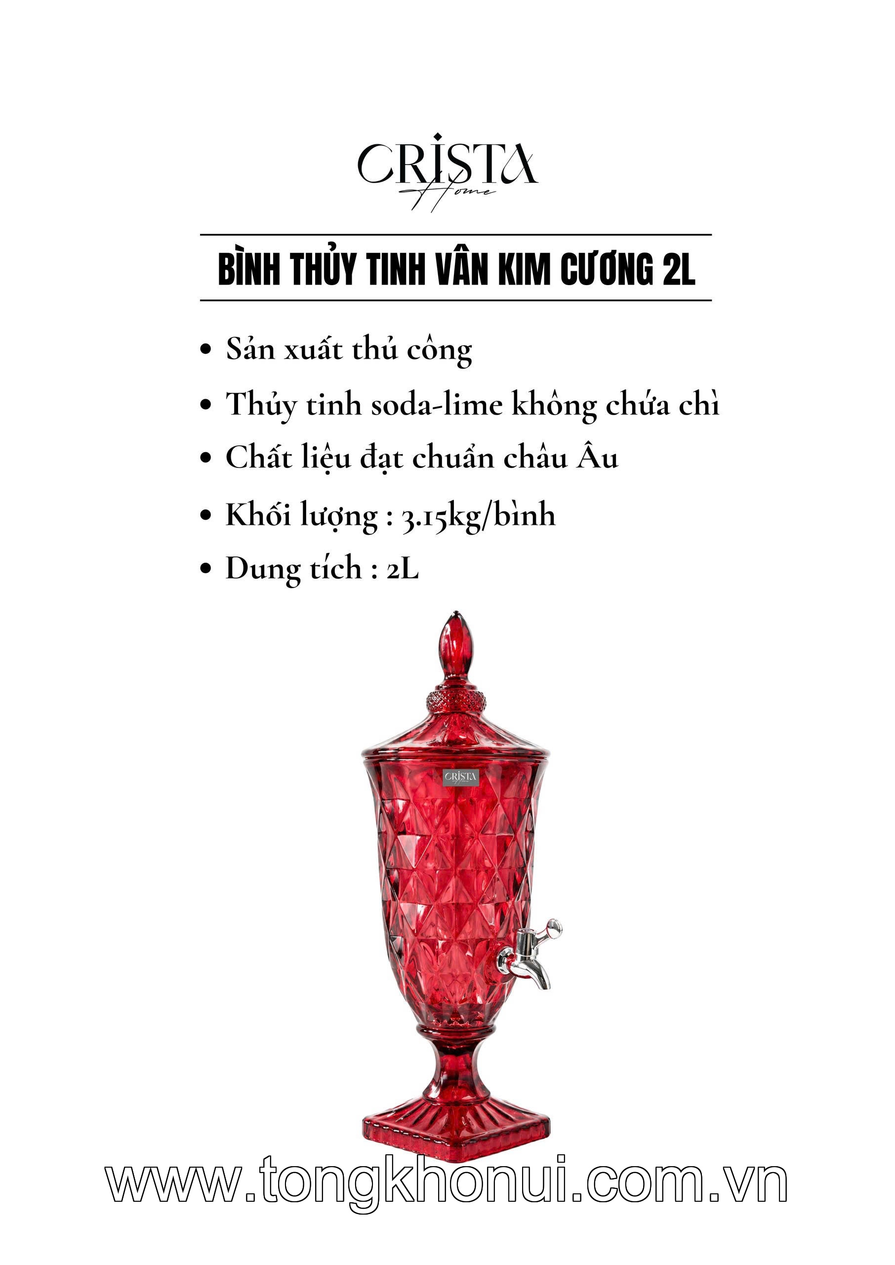 BÌNH NƯỚC THỦY TINH VÂN KIM CƯƠNG CÓ VÒI 2L CRISTA HOME – BÌNH ĐỰNG NƯỚC GIA ĐÌNH ÍT NGƯỜI (MÃ 60267) ảnh 5