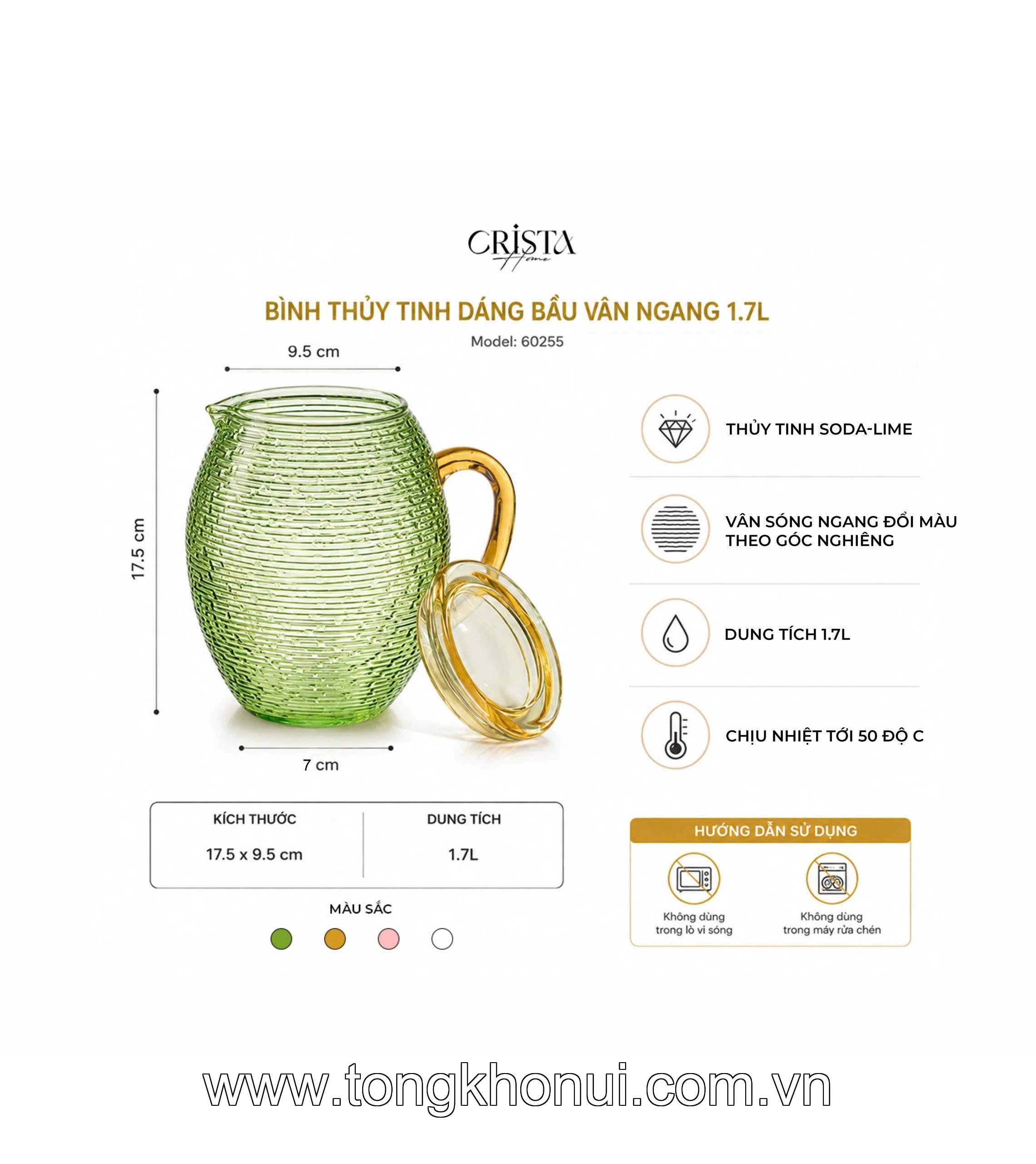BÌNH THỦY TINH DÁNG BẦU VÂN NGANG 1.7L CRISTA HOME – MÃ 60255 ảnh 2