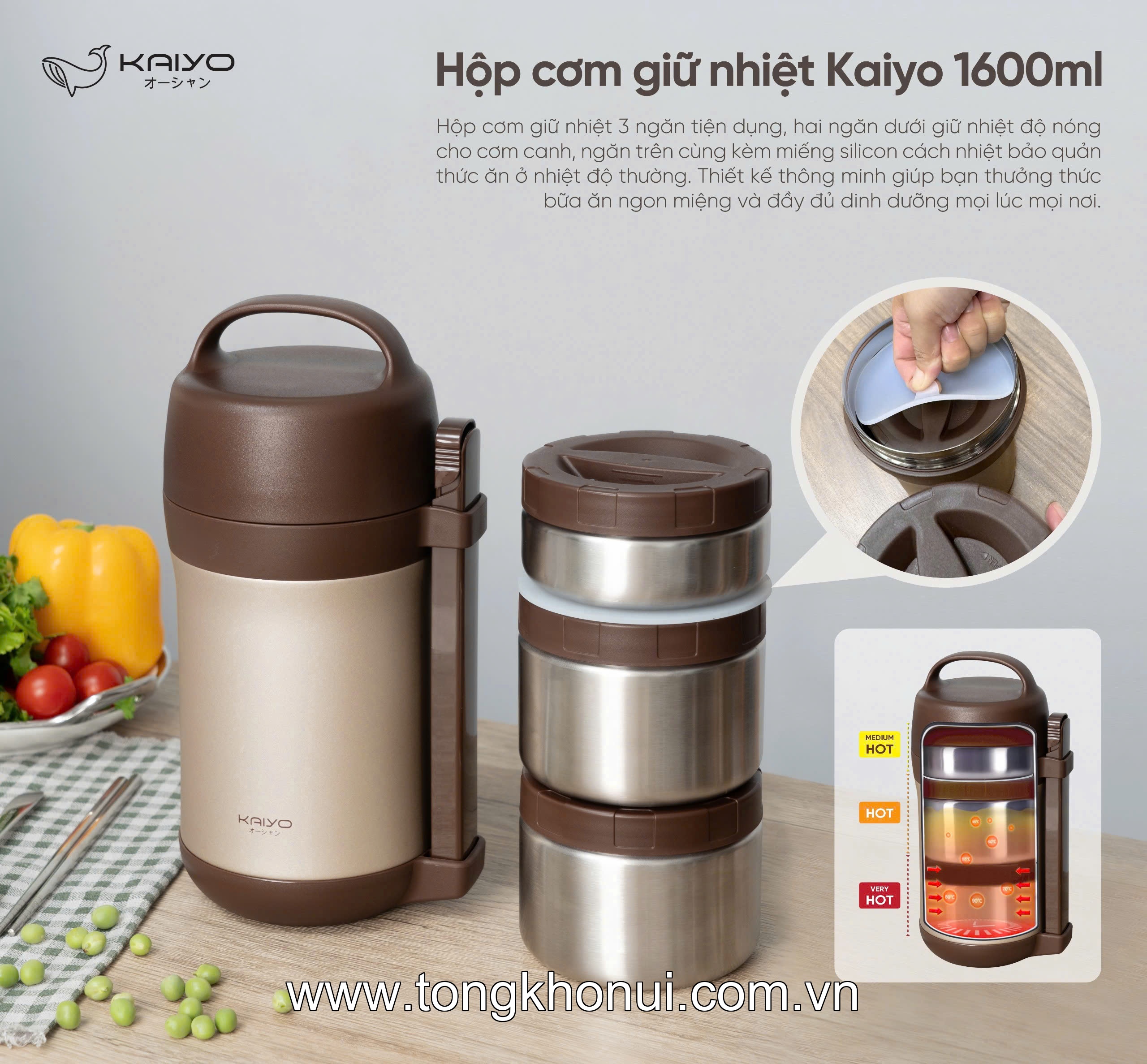 HỘP CƠM GIỮ NHIỆT INOX 304 KAIYO 1600ML – GHI / KEM / NÂU (KVL-3949 & KVL-3956) ảnh 1