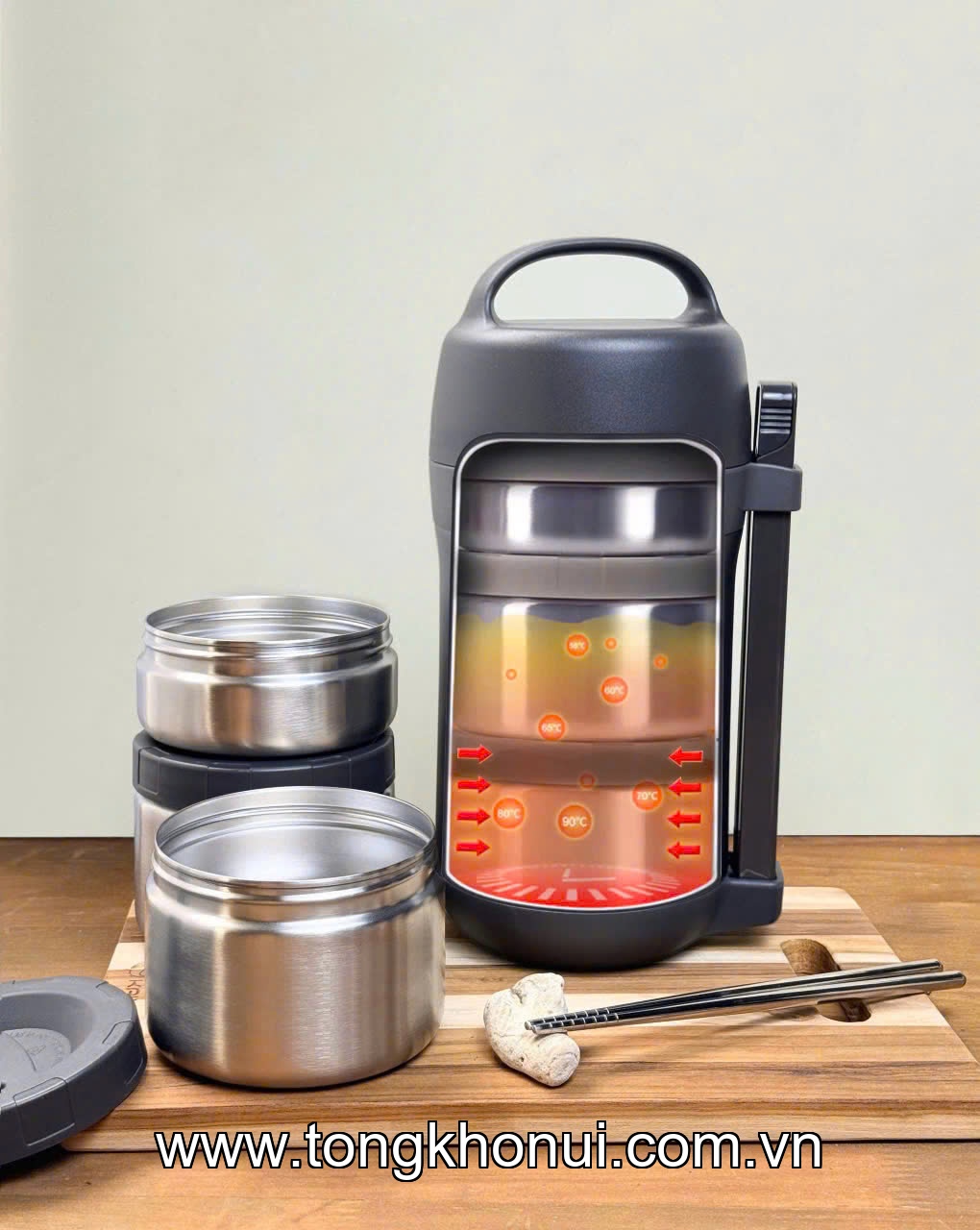 HỘP CƠM GIỮ NHIỆT INOX 304 KAIYO 1600ML – GHI / KEM / NÂU (KVL-3949 & KVL-3956) ảnh 2