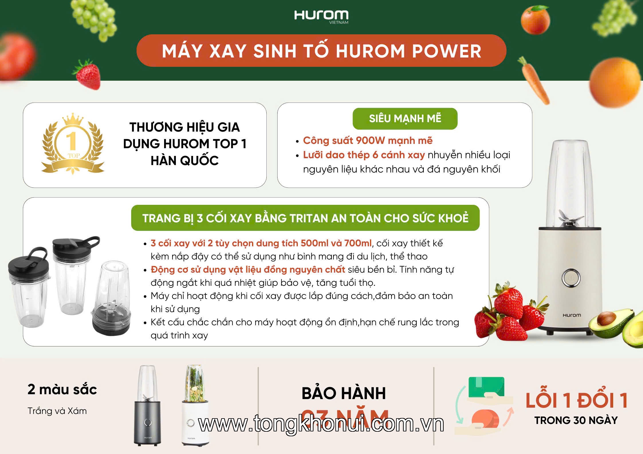 MÁY XAY SINH TỐ CÔNG SUẤT CAO HUROM POWER – 900W 20.000 VÒNG/PHÚT, 6 LƯỠI DAO, 3 BÌNH TRITAN, BẢO HÀNH 3 NĂM! ảnh 10