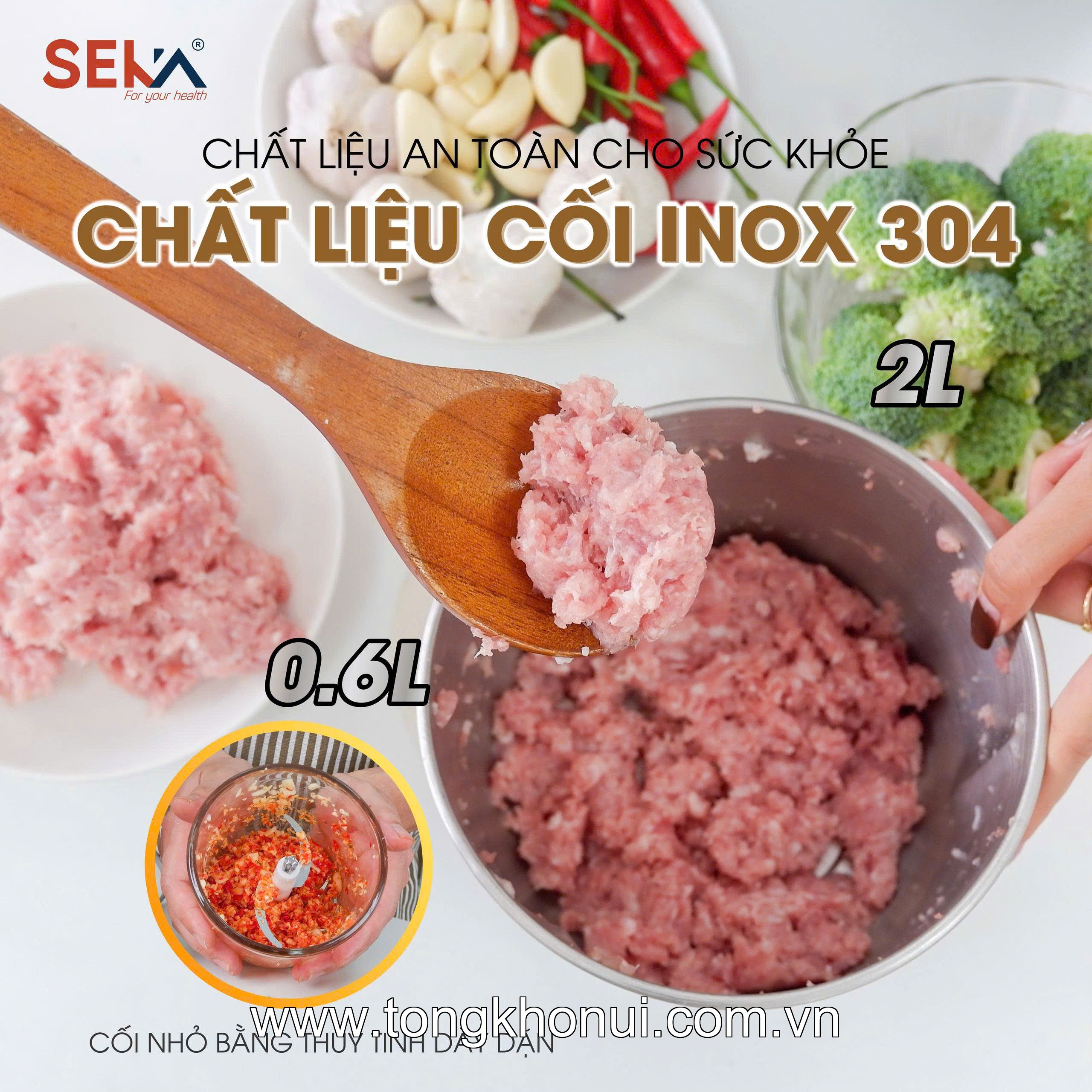 Máy xay thịt 2 cối, 1 cối inox 304, 1 cối 0,6L thuỷ tinh, lưỡi dao inox 304,  500W SEKA, model: SK2289 ảnh 4