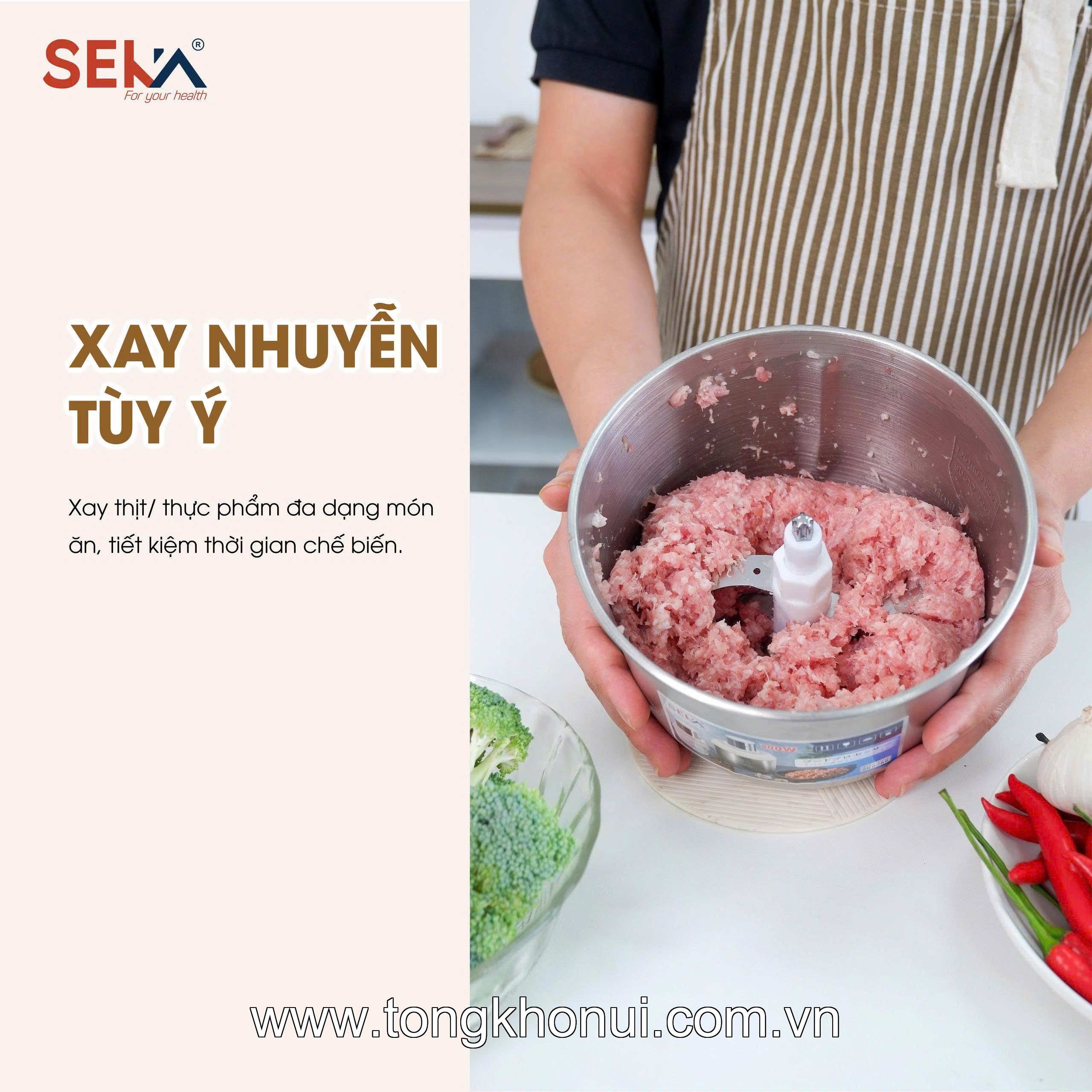 Máy xay thịt 2 cối, 1 cối inox 304, 1 cối 0,6L thuỷ tinh, lưỡi dao inox 304,  500W SEKA, model: SK2289 ảnh 5