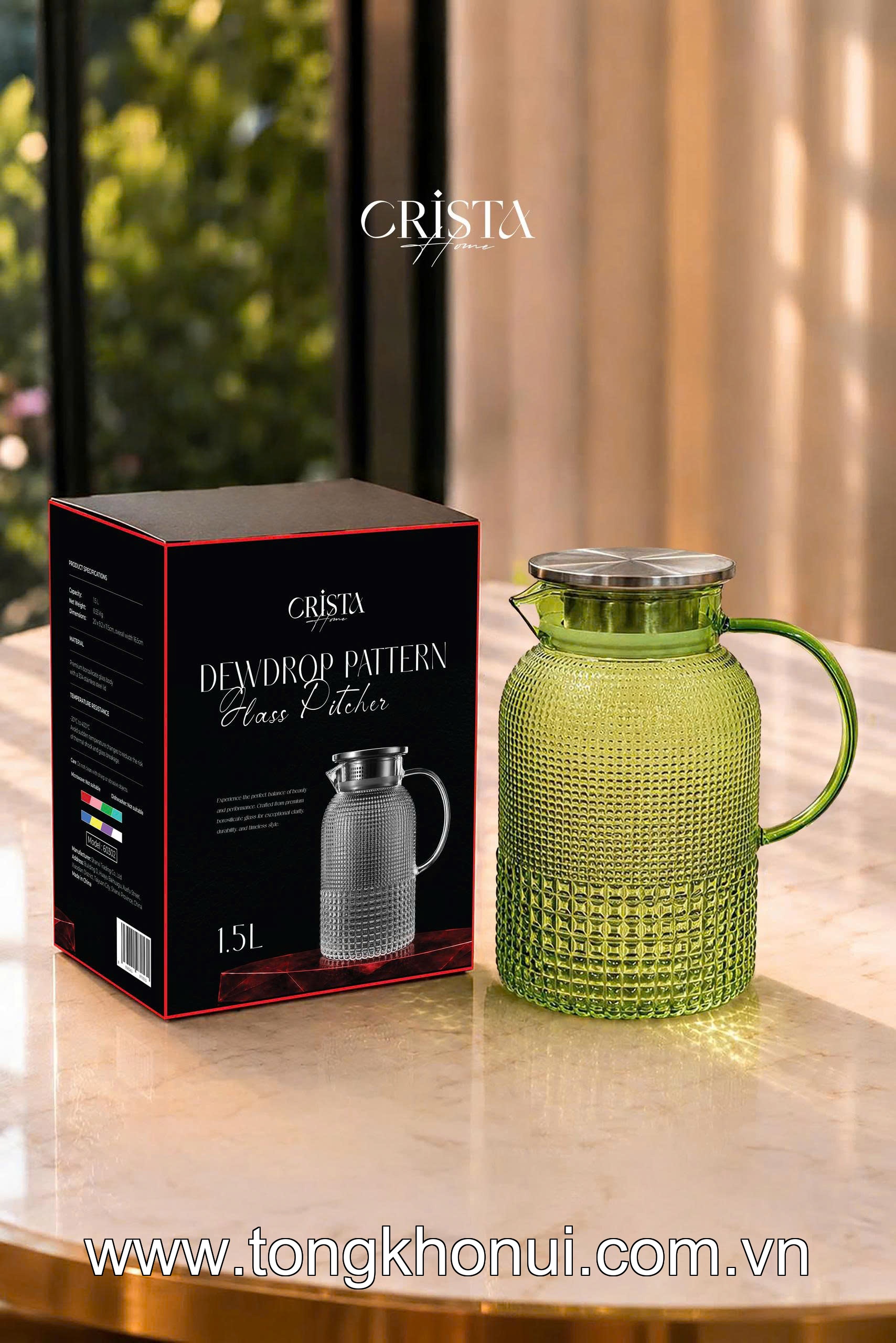 BÌNH THỦY TINH VÂN HẠT SƯƠNG MAI 1.5L CRISTA HOME –  60302 - ĐẸP NHƯ MỘT TÁC PHẨM DECOR ảnh 1