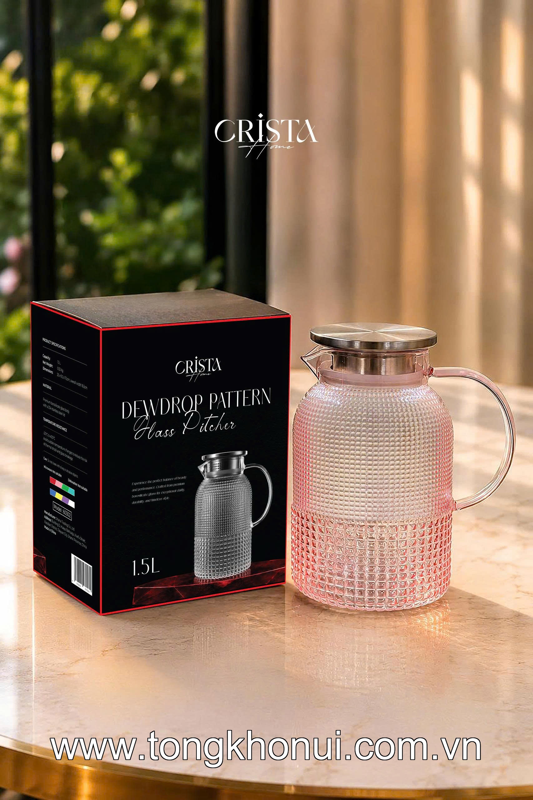 BÌNH THỦY TINH VÂN HẠT SƯƠNG MAI 1.5L CRISTA HOME –  60302 - ĐẸP NHƯ MỘT TÁC PHẨM DECOR ảnh 2