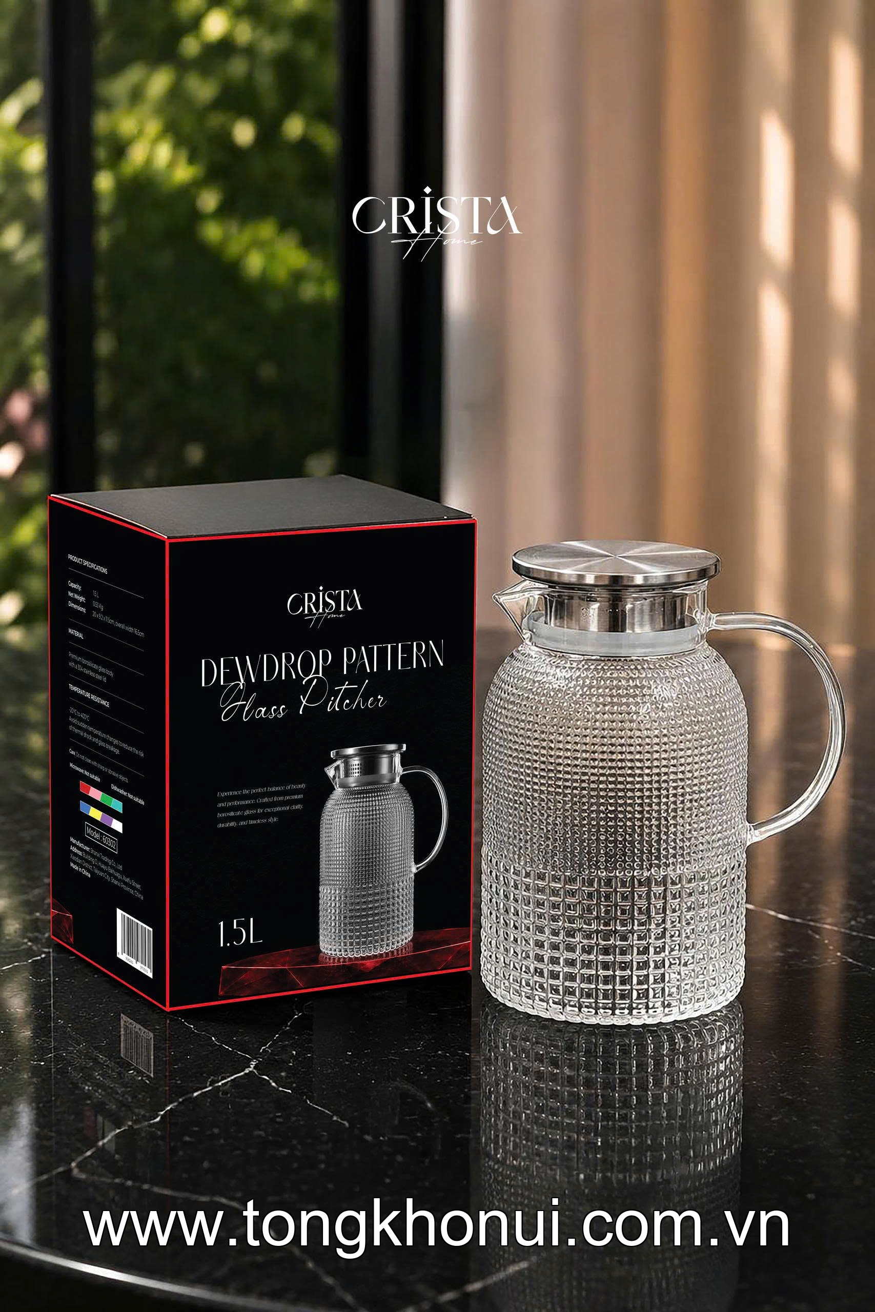 BÌNH THỦY TINH VÂN HẠT SƯƠNG MAI 1.5L CRISTA HOME –  60302 - ĐẸP NHƯ MỘT TÁC PHẨM DECOR ảnh 4