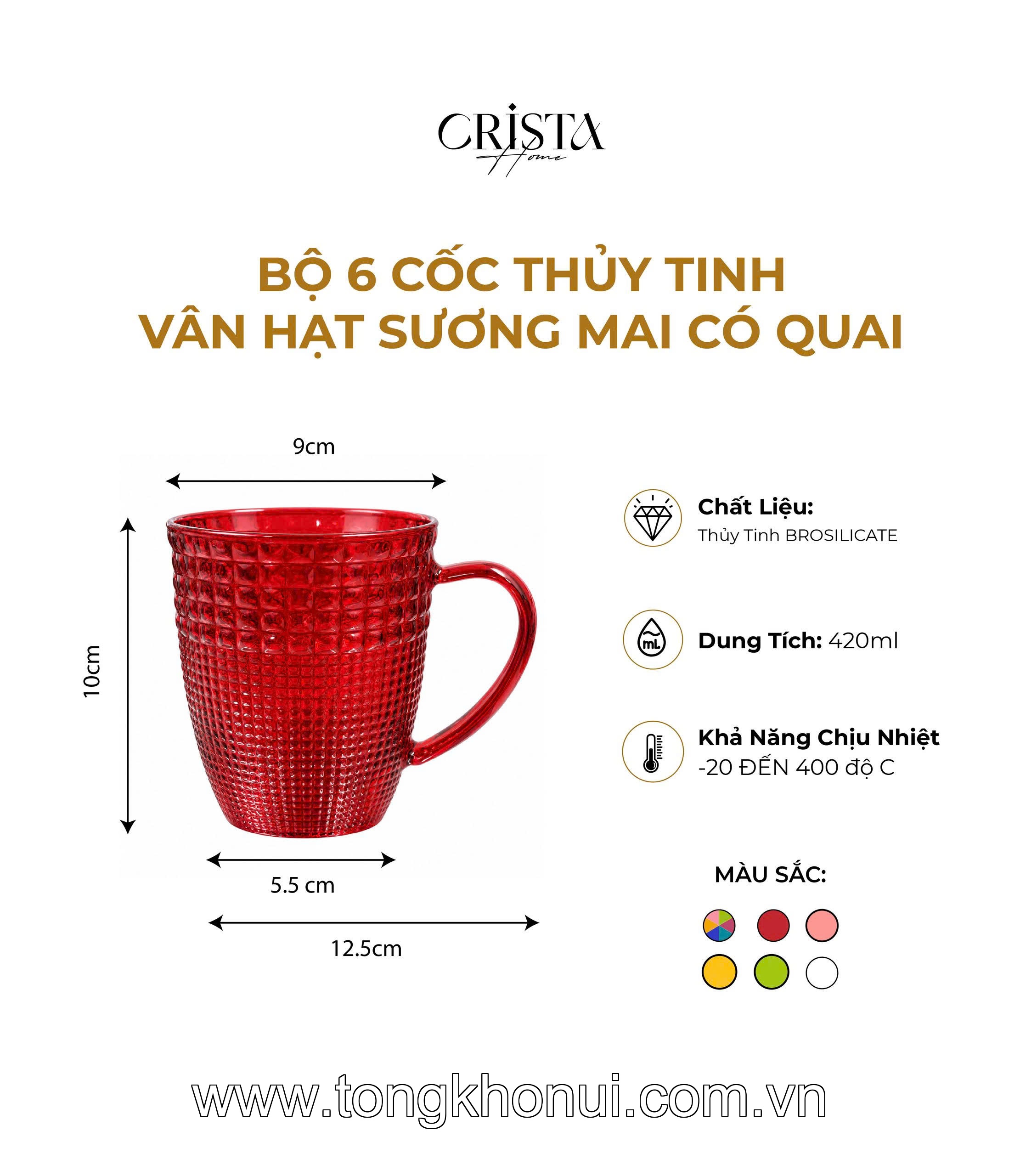 Bộ 6 cốc thủy tinh vân hạt sương mai có quai 420ml CRISTA HOME, 60306-G màu xanh lá ảnh 2