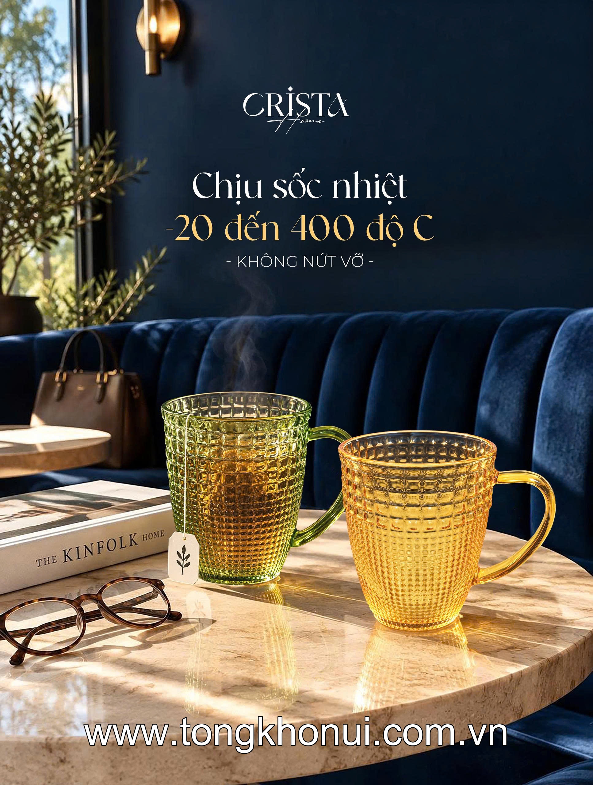 Bộ 6 cốc thủy tinh vân hạt sương mai có quai 420ml CRISTA HOME, 60306-G màu xanh lá ảnh 6