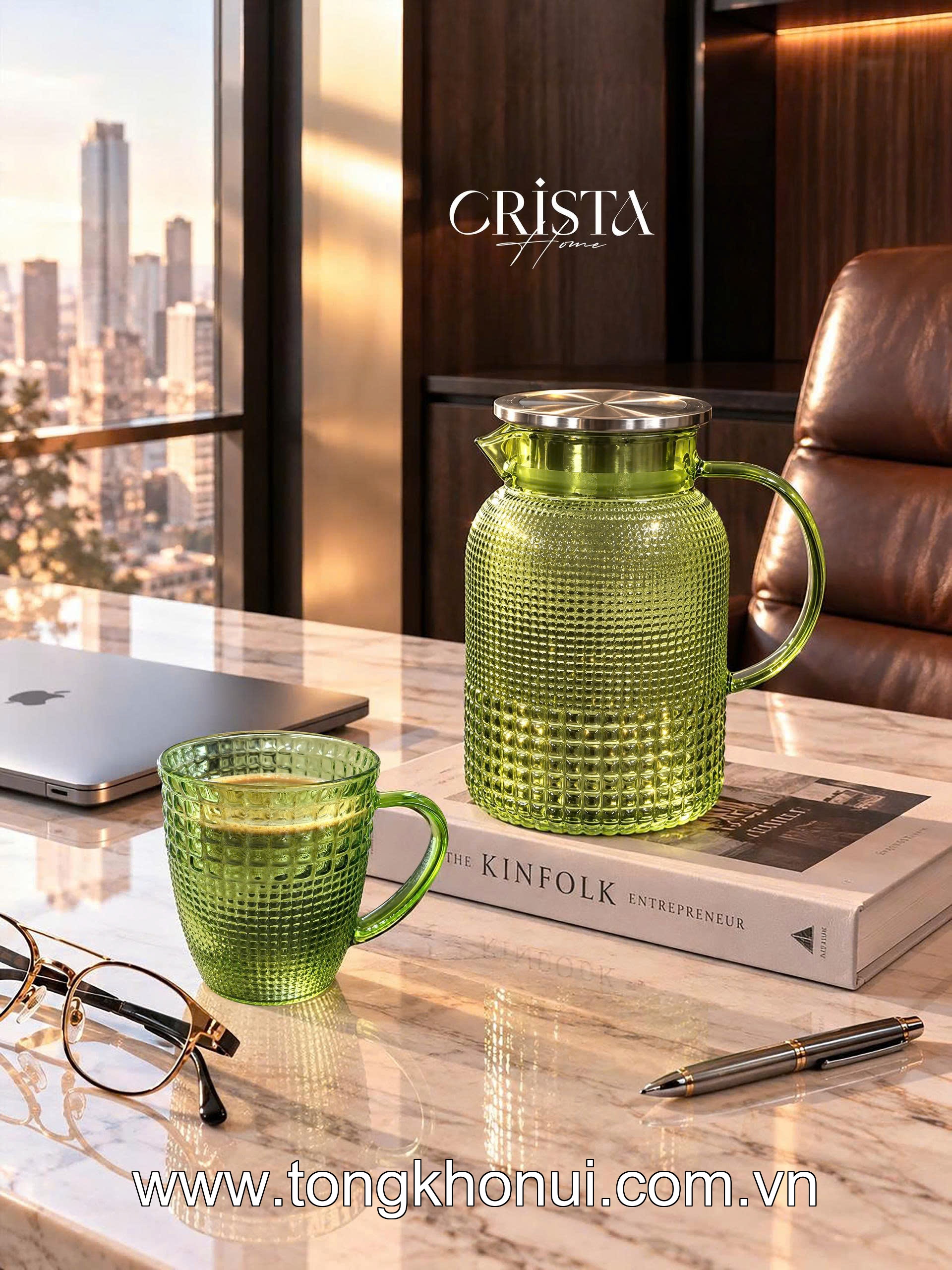 Bộ 6 cốc thủy tinh vân hạt sương mai có quai 420ml CRISTA HOME, 60306-G màu xanh lá ảnh 7