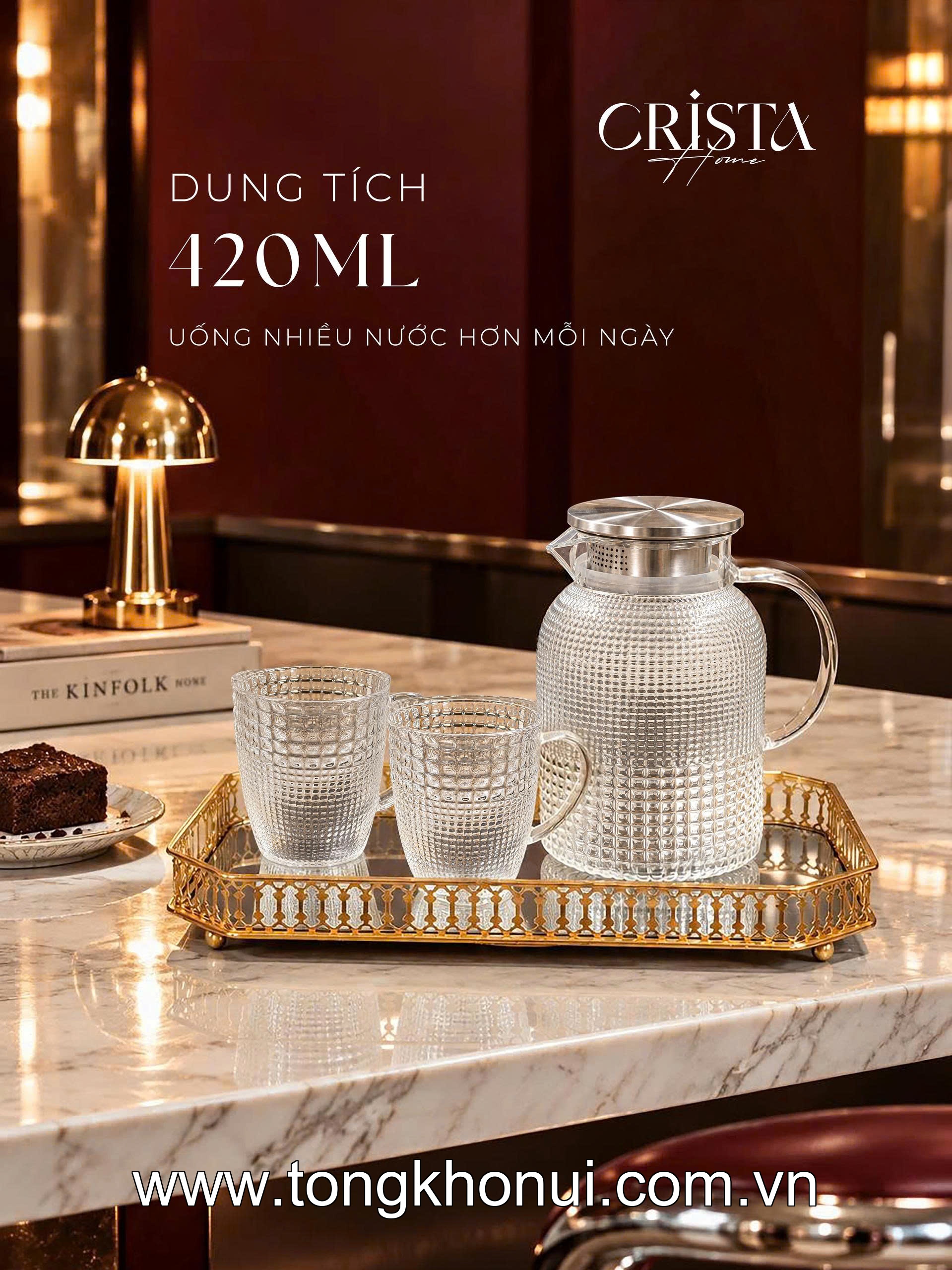 Bộ 6 cốc thủy tinh vân hạt sương mai có quai 420ml CRISTA HOME, 60306-G màu xanh lá ảnh 12