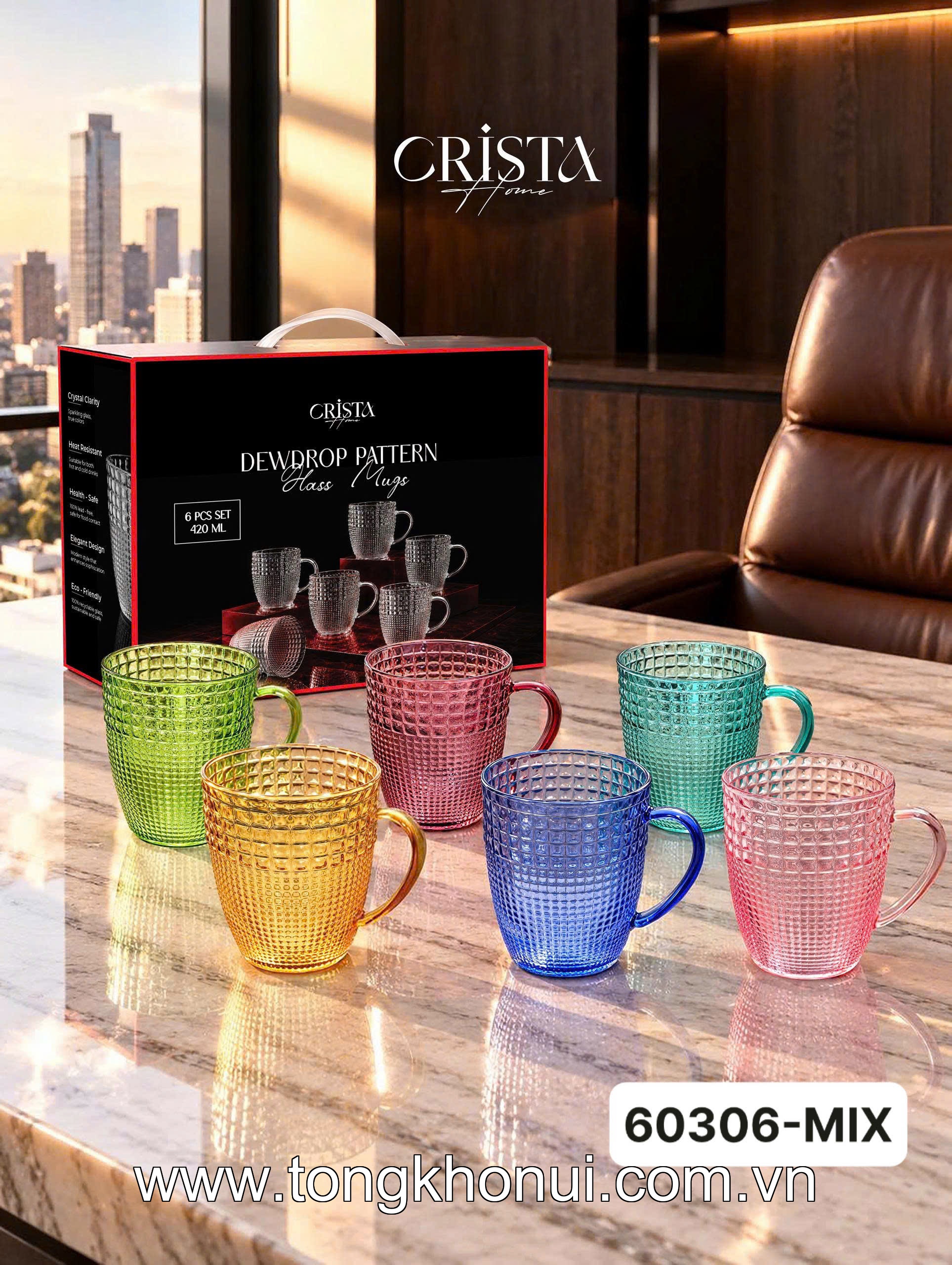 Bộ 6 cốc thủy tinh vân hạt sương mai có quai 420ml CRISTA HOME, 60306-G màu xanh lá ảnh 15