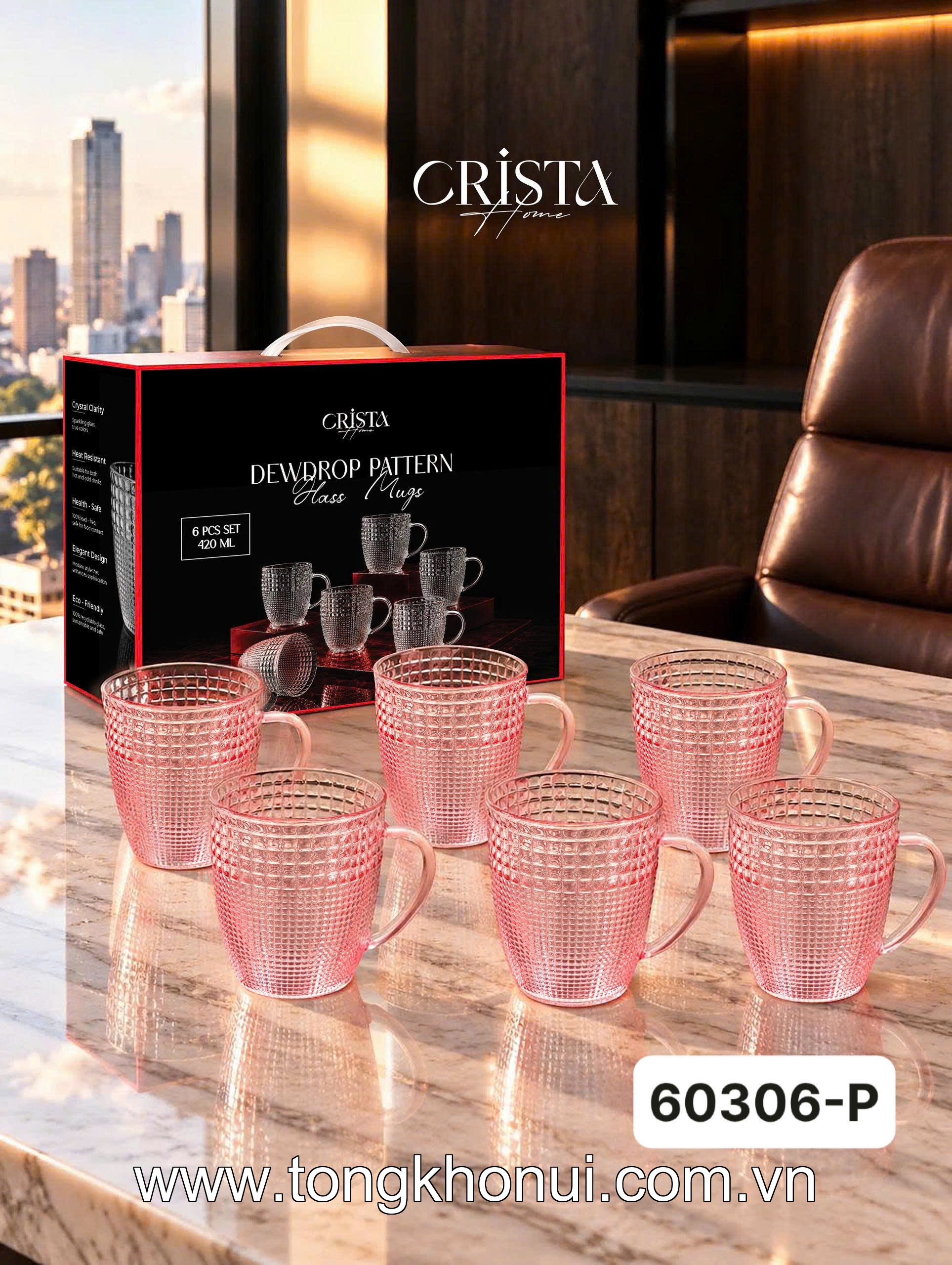 Bộ 6 cốc thủy tinh vân hạt sương mai có quai 420ml CRISTA HOME, 60306-G màu xanh lá ảnh 16
