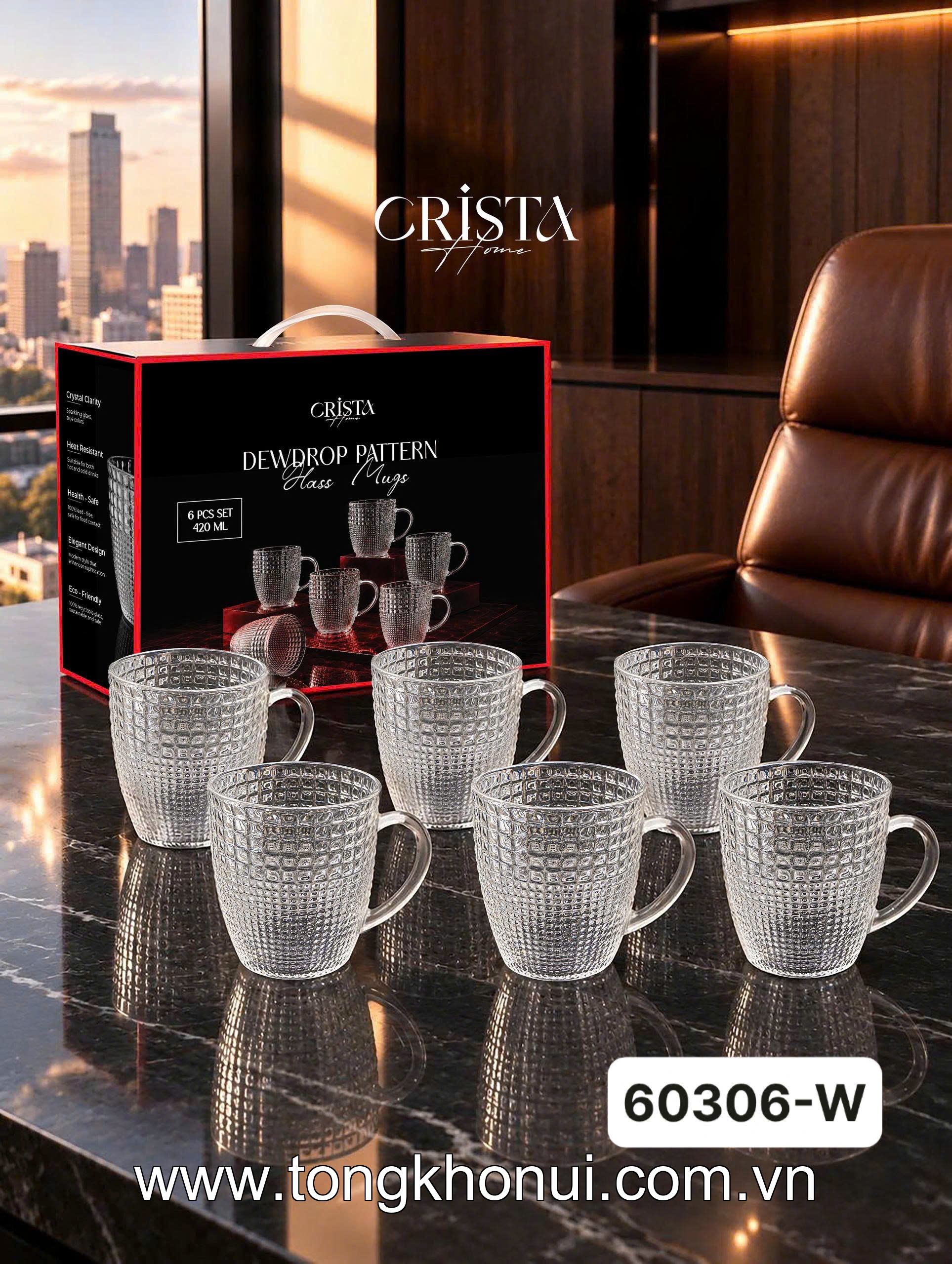 Bộ 6 cốc thủy tinh vân hạt sương mai có quai 420ml CRISTA HOME, 60306-G màu xanh lá ảnh 17