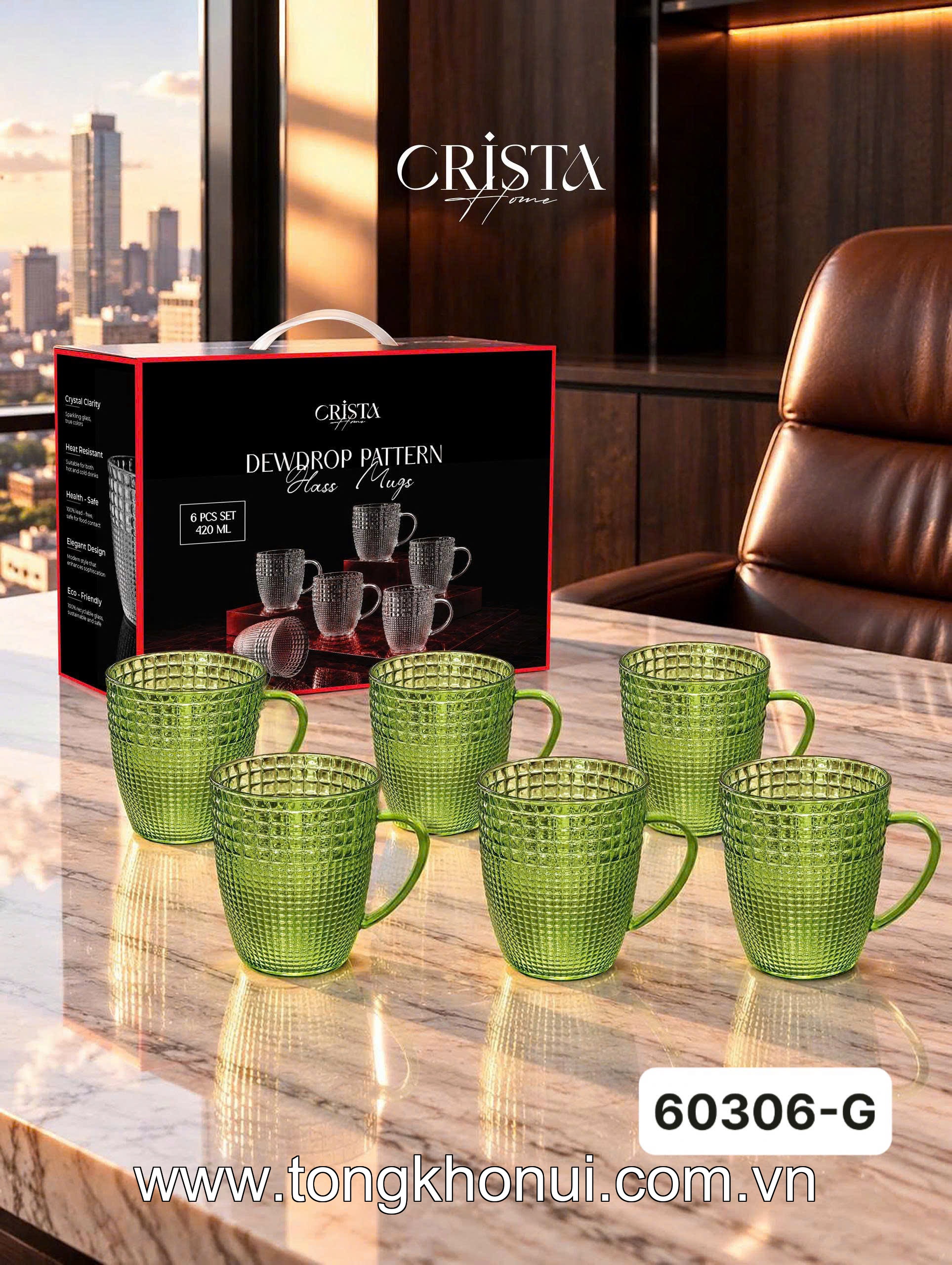 Bộ 6 cốc thủy tinh vân hạt sương mai có quai 420ml CRISTA HOME, 60306-G màu xanh lá ảnh 18