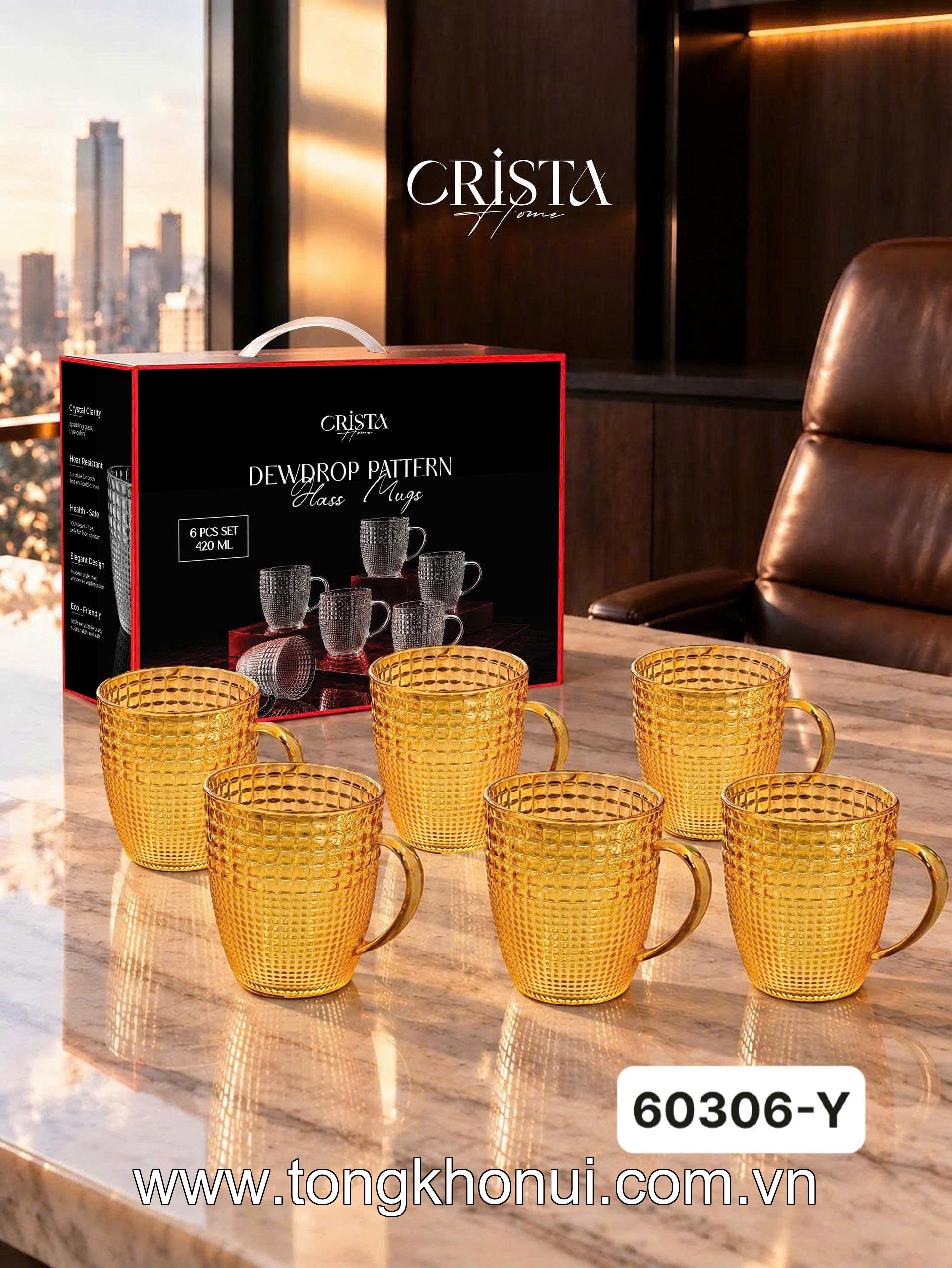 Bộ 6 cốc thủy tinh vân hạt sương mai có quai 420ml CRISTA HOME, 60306-G màu xanh lá ảnh 19