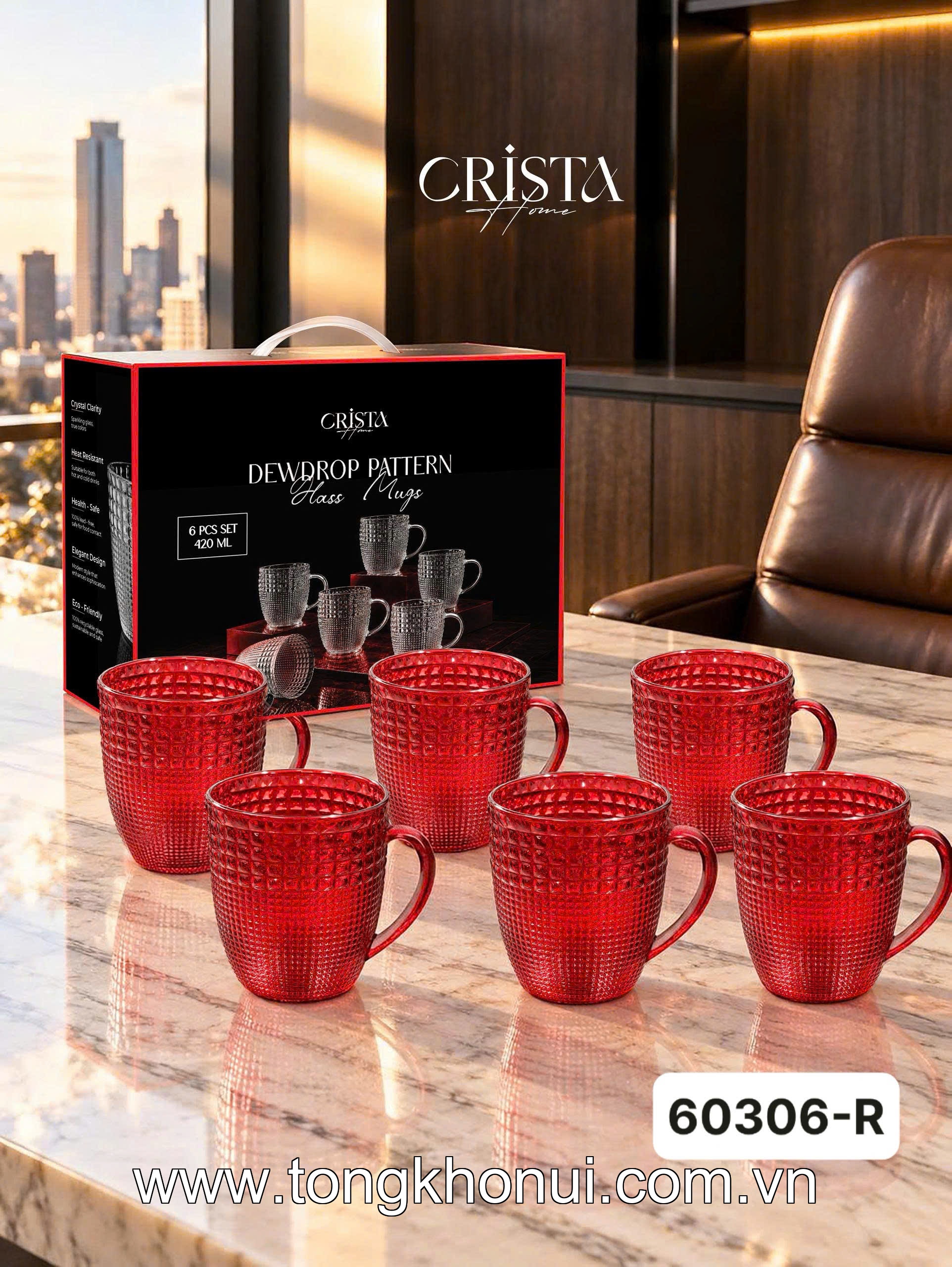 Bộ 6 cốc thủy tinh vân hạt sương mai có quai 420ml CRISTA HOME, 60306-G màu xanh lá ảnh 20