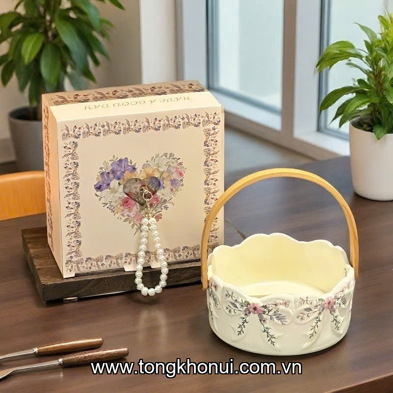 Giỏ sứ đựng hoa quả bánh kẹo Donahome, model: OC-GSH, quai bằng gỗ, KT: 16*7cm ảnh 4