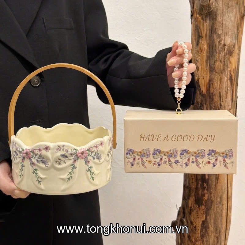 Giỏ sứ đựng hoa quả bánh kẹo Donahome, model: OC-GSH, quai bằng gỗ, KT: 16*7cm ảnh 5