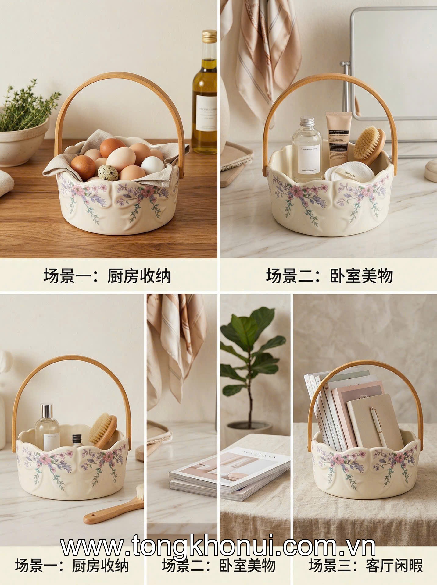 Giỏ sứ đựng hoa quả bánh kẹo Donahome, model: OC-GSH, quai bằng gỗ, KT: 16*7cm ảnh 6