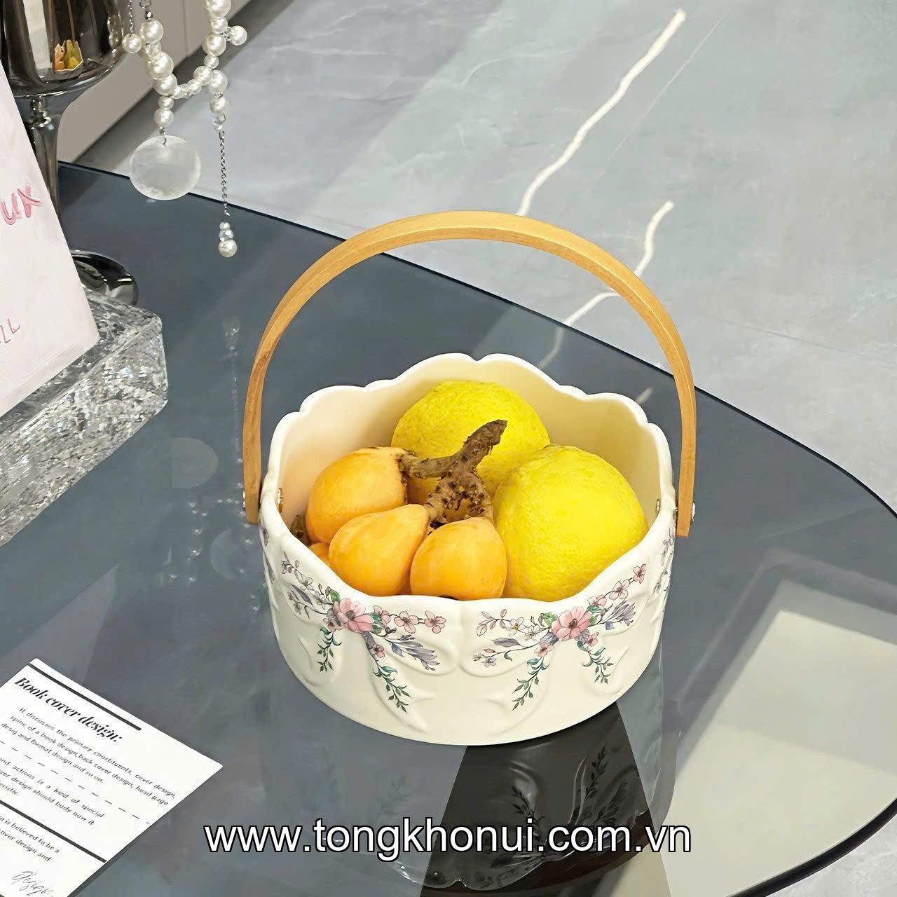 Giỏ sứ đựng hoa quả bánh kẹo Donahome, model: OC-GSH, quai bằng gỗ, KT: 16*7cm ảnh 7