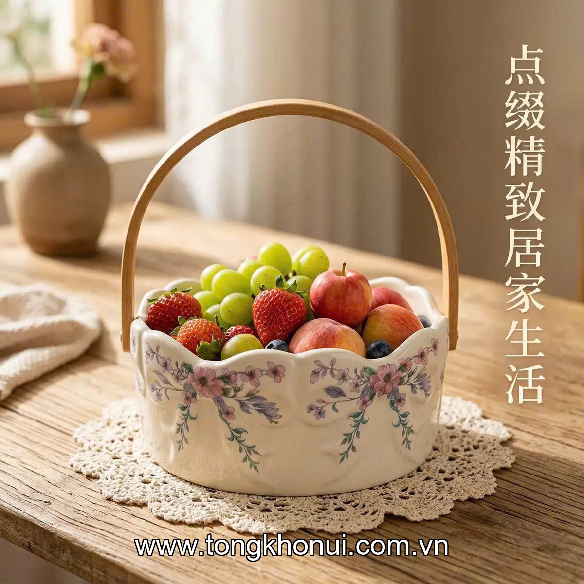 Giỏ sứ đựng hoa quả bánh kẹo Donahome, model: OC-GSH, quai bằng gỗ, KT: 16*7cm ảnh 8