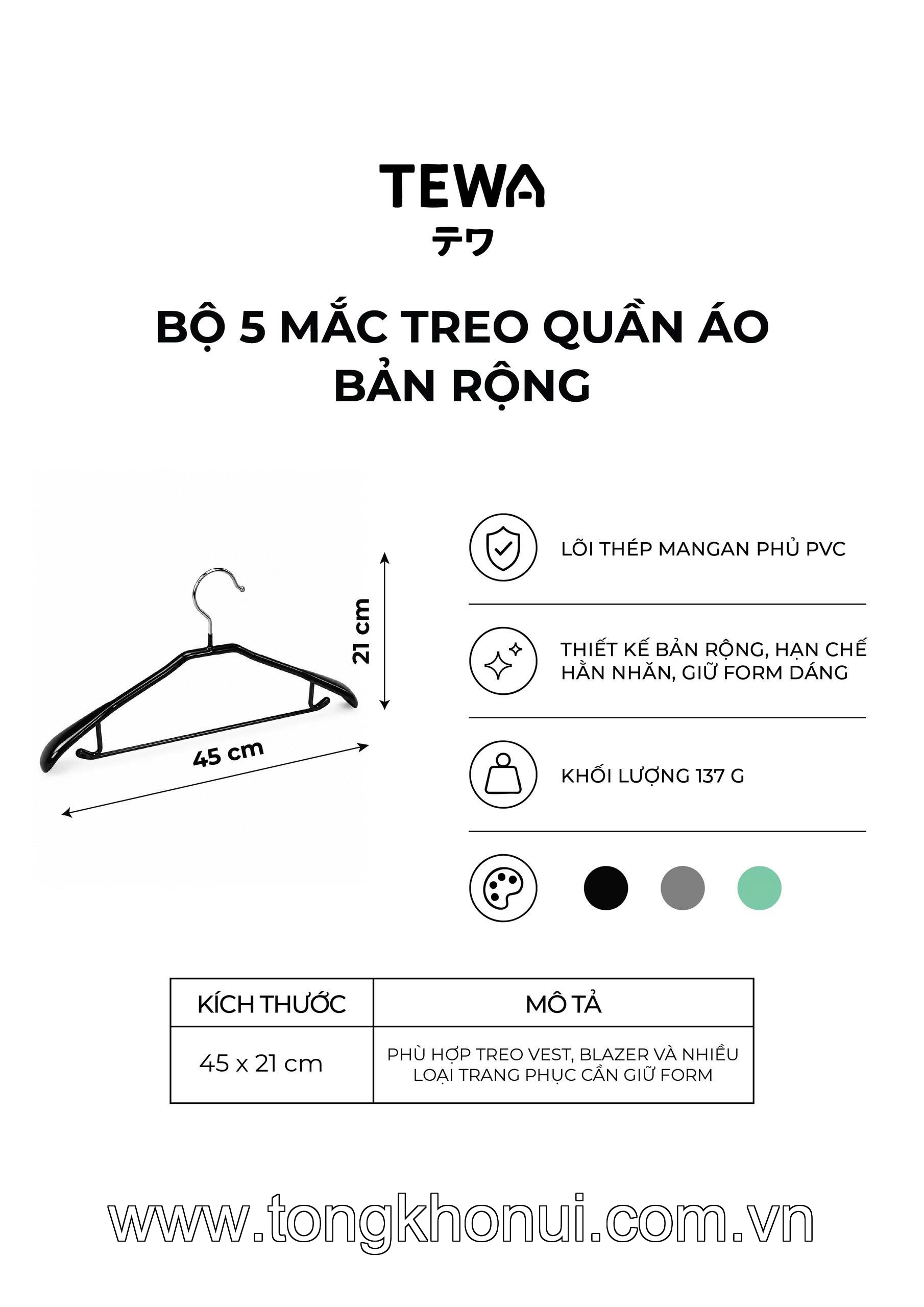 BỘ 10 MẮC TREO QUẦN ÁO BẢN RỘNG 45×21CM TEWA 80104 ảnh 3