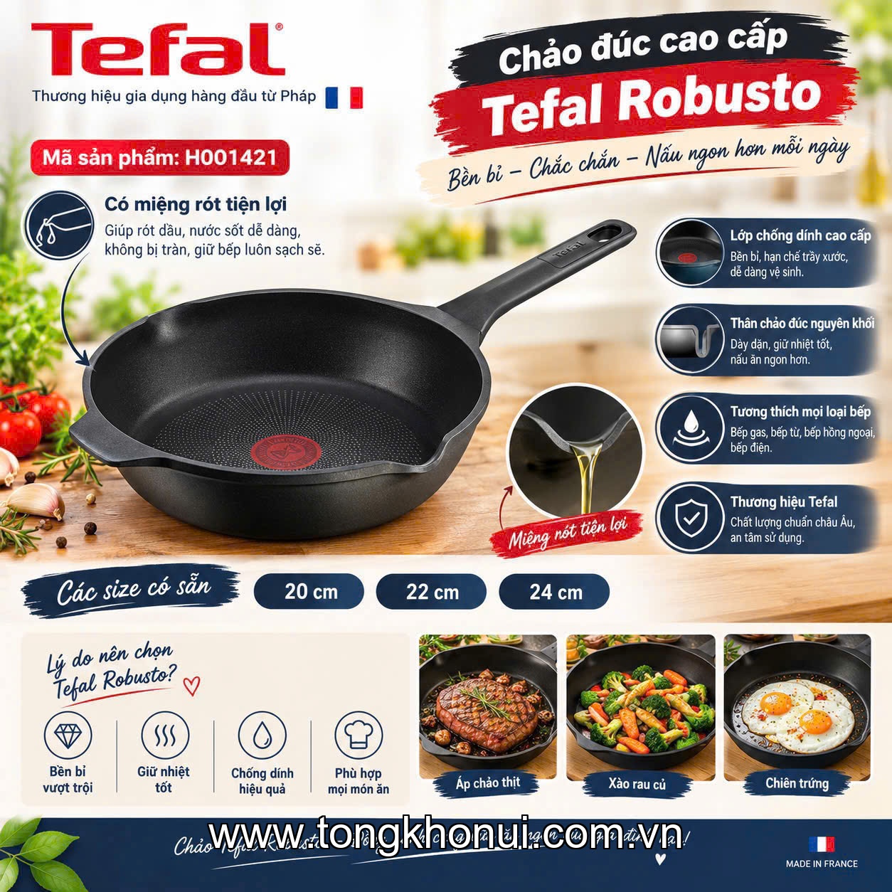 Chảo đúc cao cấp Tefal Robusto có miệng rót  24cm ảnh 7