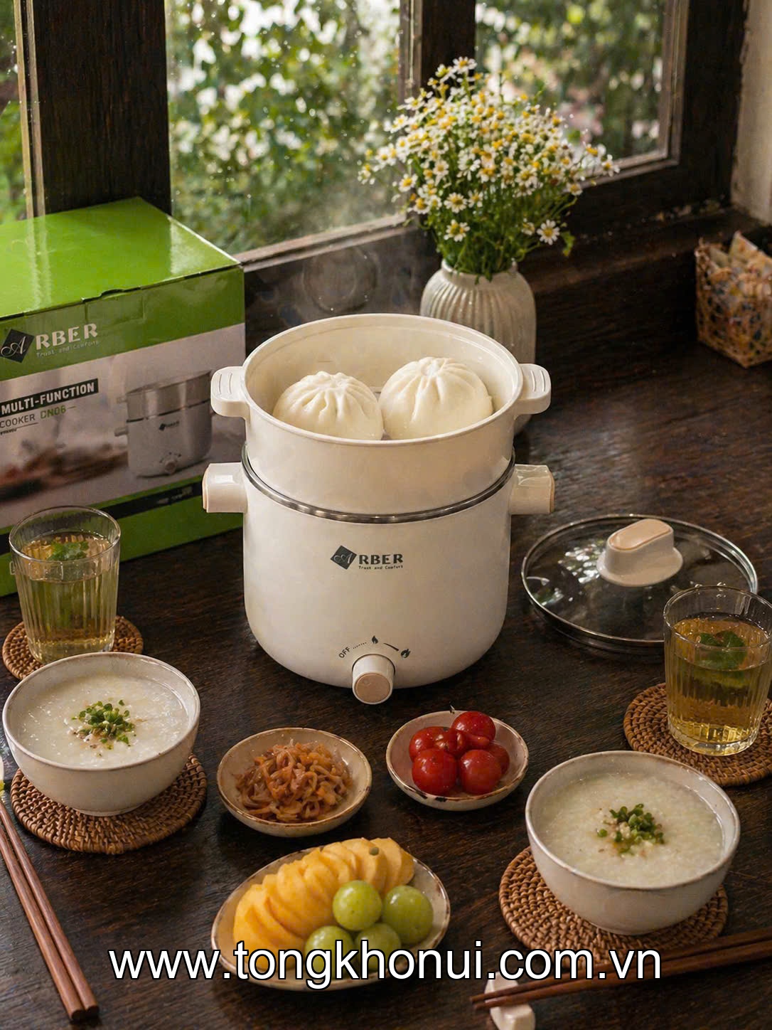 Nồi điện đa năng kèm xửng hấp, lòng inox 304 Arber DN06  màu trắng, 600W, 1.5L ảnh 2