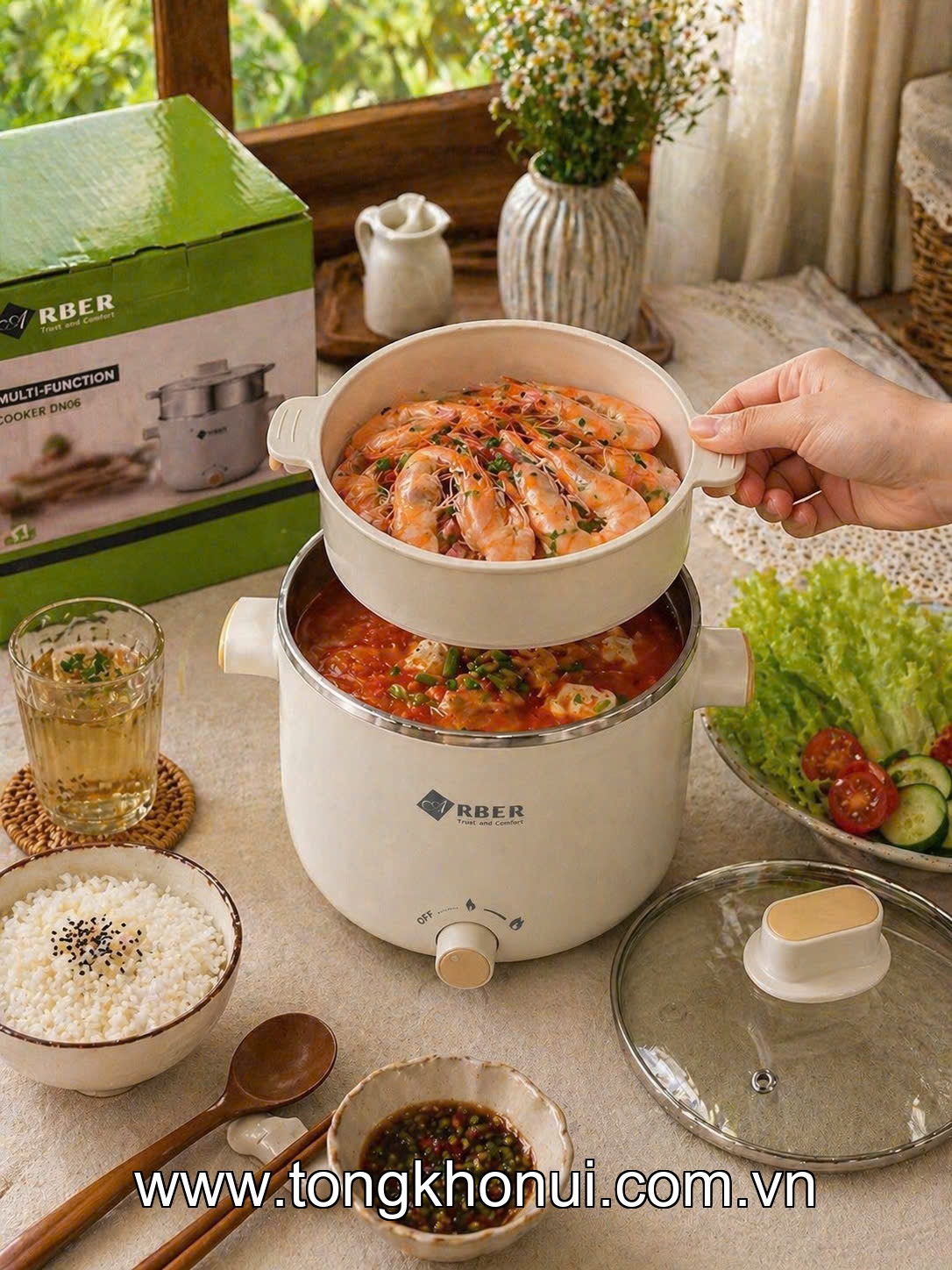 Nồi điện đa năng kèm xửng hấp, lòng inox 304 Arber DN06  màu trắng, 600W, 1.5L ảnh 3