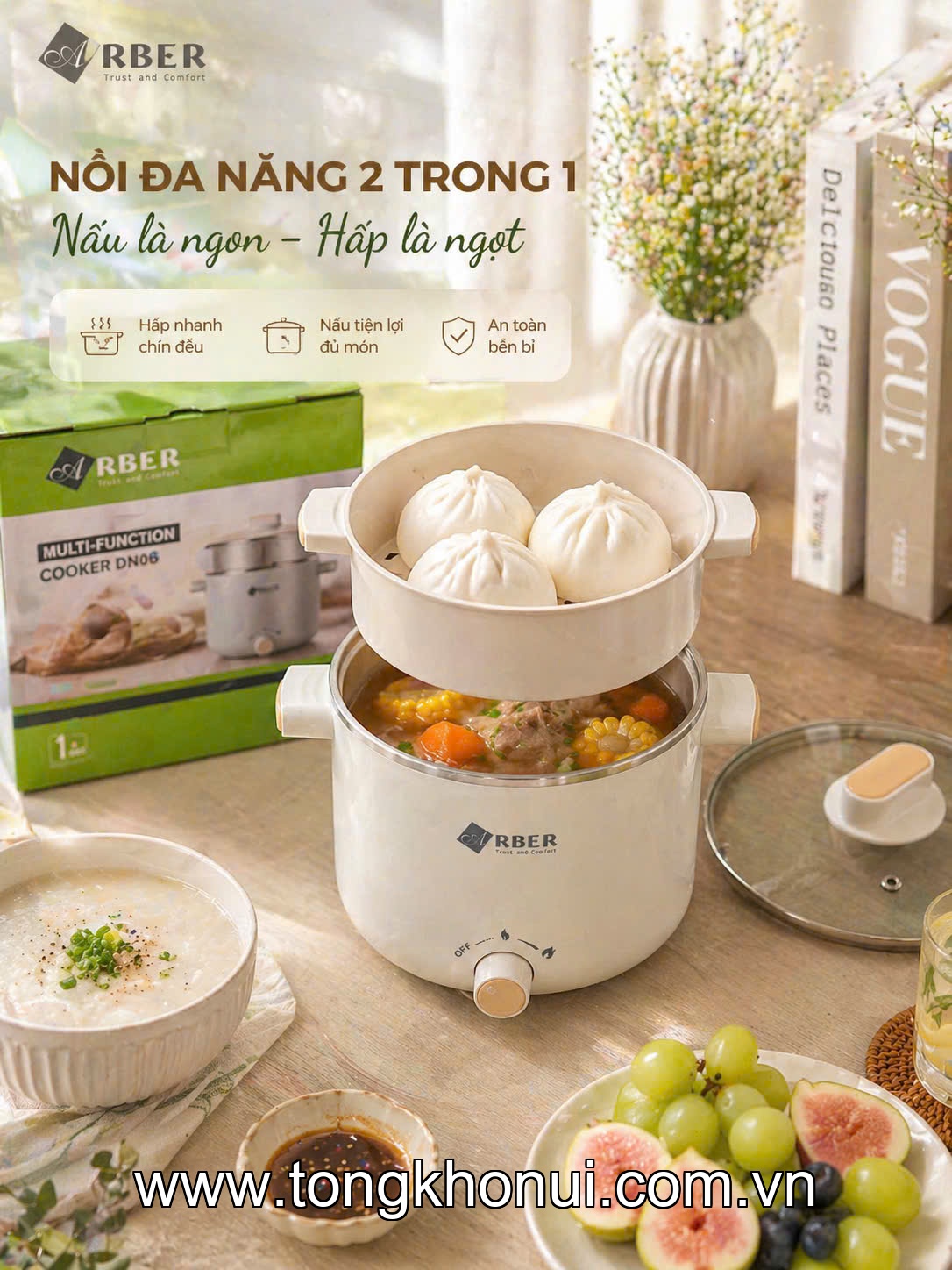 Nồi điện đa năng kèm xửng hấp, lòng inox 304 Arber DN06  màu trắng, 600W, 1.5L ảnh 7