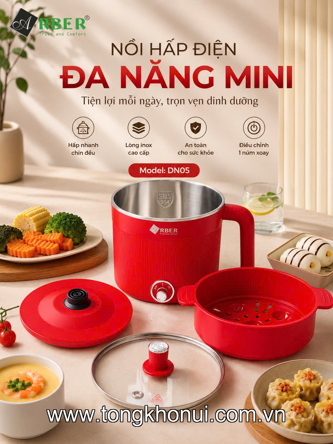 Nồi điện đa năng kèm xửng hấp, lòng inox 304 Arber DN05 màu đỏ, 600W, 1.8L ảnh 1